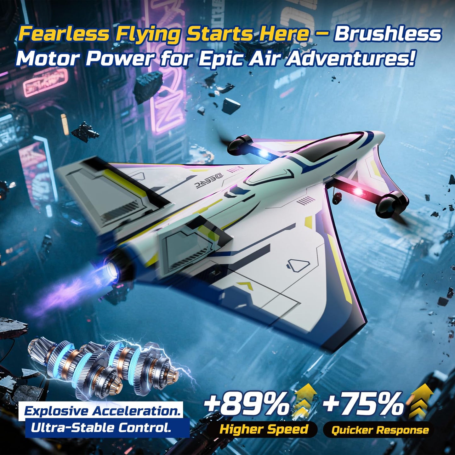 DEERC 4CH Brushless RC Plane,Sci-Fi Remote Control Jet Hobby Airplane with LED Lights RTF Aerobatic Aircraft Toys,2.4GHz 6-axis Gyro Stabilizer EPP Glider Aircraft Plane for Adults Beginners Advanced