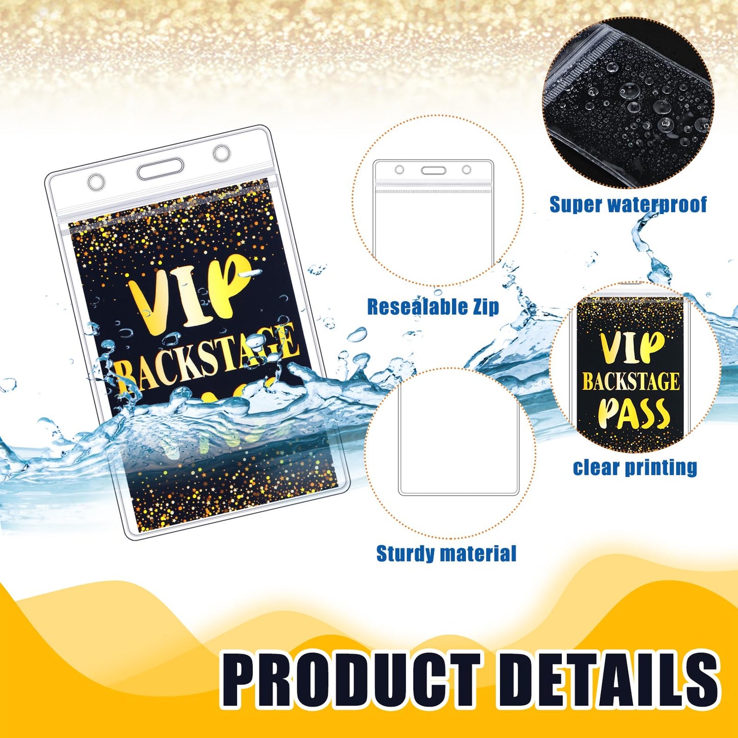 Gueevin 50 Sets VIP Badge Lanyards with Plastic VIP Pass Cards Black and Gold Pass Cards Safety Clear Plastic Badge Holder Black Lanyards for Backstage Party Concert Event
