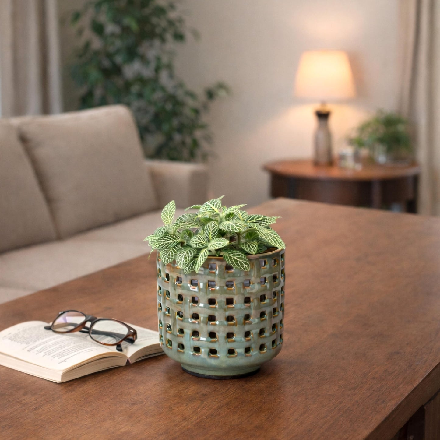 D'vine Dev 4.5 Inch Ceramic Orchid Planter with Lattice Cutout Design, Glazed Cachepot with Clear Nursery Pot & Detachable Saucer for Orchids and Indoor Plants, Olive, 28-A-Z-4