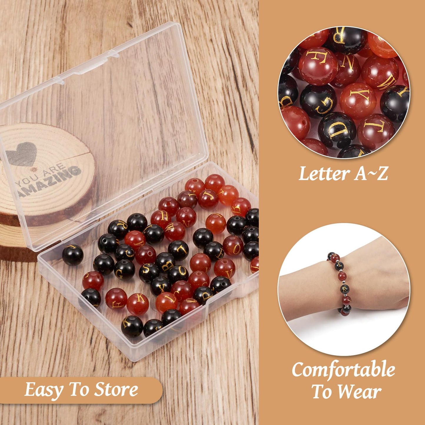 52Pcs 10mm Natural Agate Gemstone Beads A~Z Letter Beads Black Red Agate Stone Bead Natural Round Gemstone Alphabet Bead for DIY Name Bracelet Jewelry Making