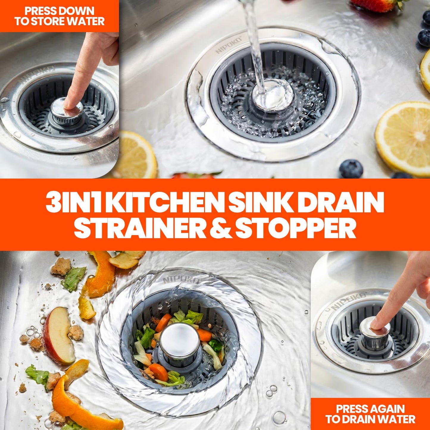 Nipoko 2 Pack Sink Drain Strainer - Sink Stopper, 3 in 1 Stainless Steel Kitchen Drain Plug with Deep Anti-Clog Basket and Odor-Blocking Seal, Pop-Up Design Fits Standard 3-1/2 Inch Sink