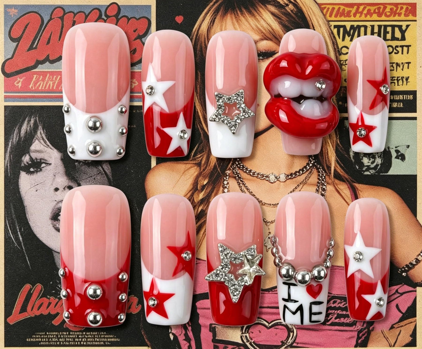 Handmade Press on Nails Square 3D Cute Glue on Nails for Women, Luxury Homemade Press on Nail Art Design, Fake Nails with 3D Nail Charms Size M 7