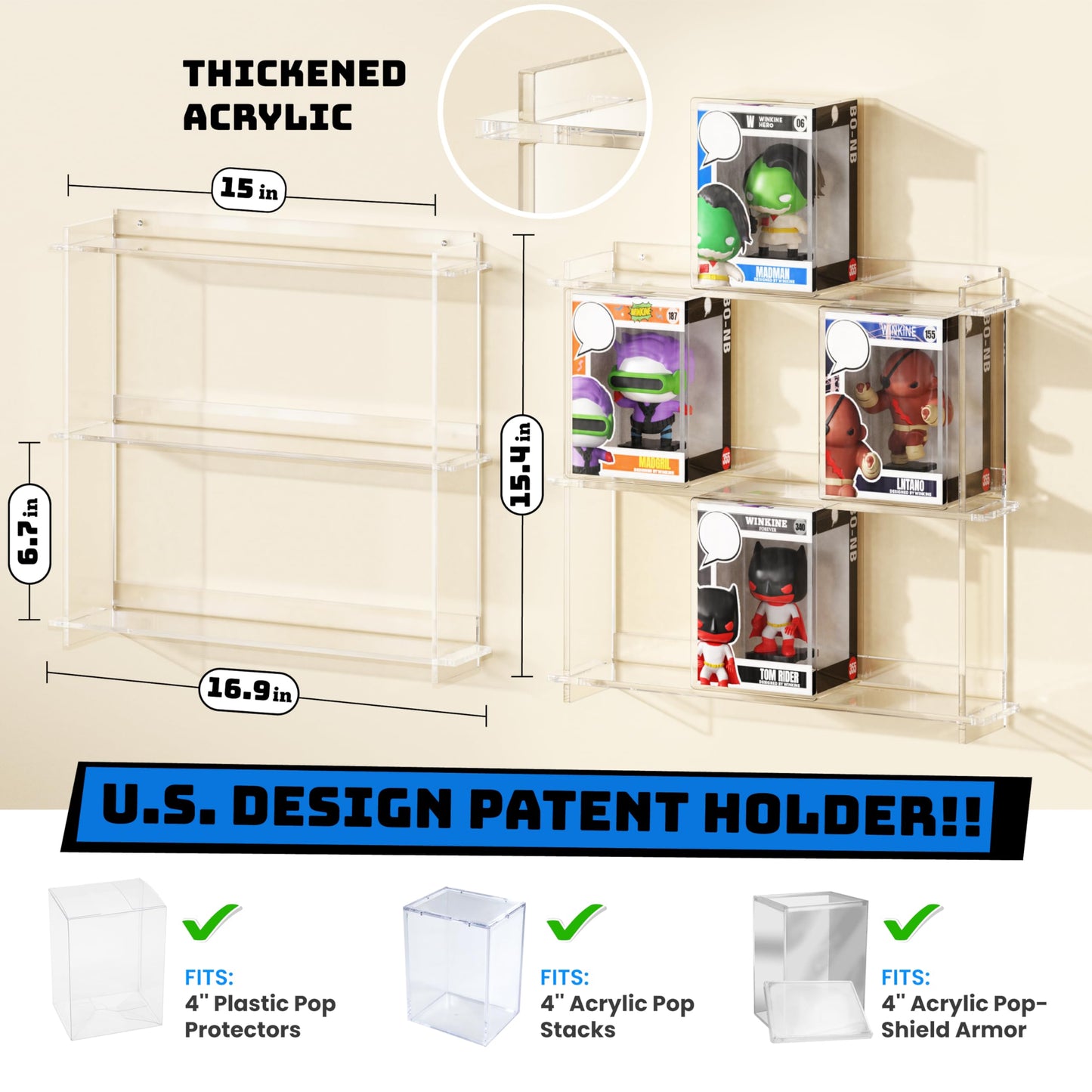 WINKINE Wall Display Shelves Compatible with 21 Funko Pop in Box, Easy Install - Only 2 Screws per Shelf, Acrylic Floating Shelves Stackable, Action Figure Stand, Collectibles Display Case, 2 Pack