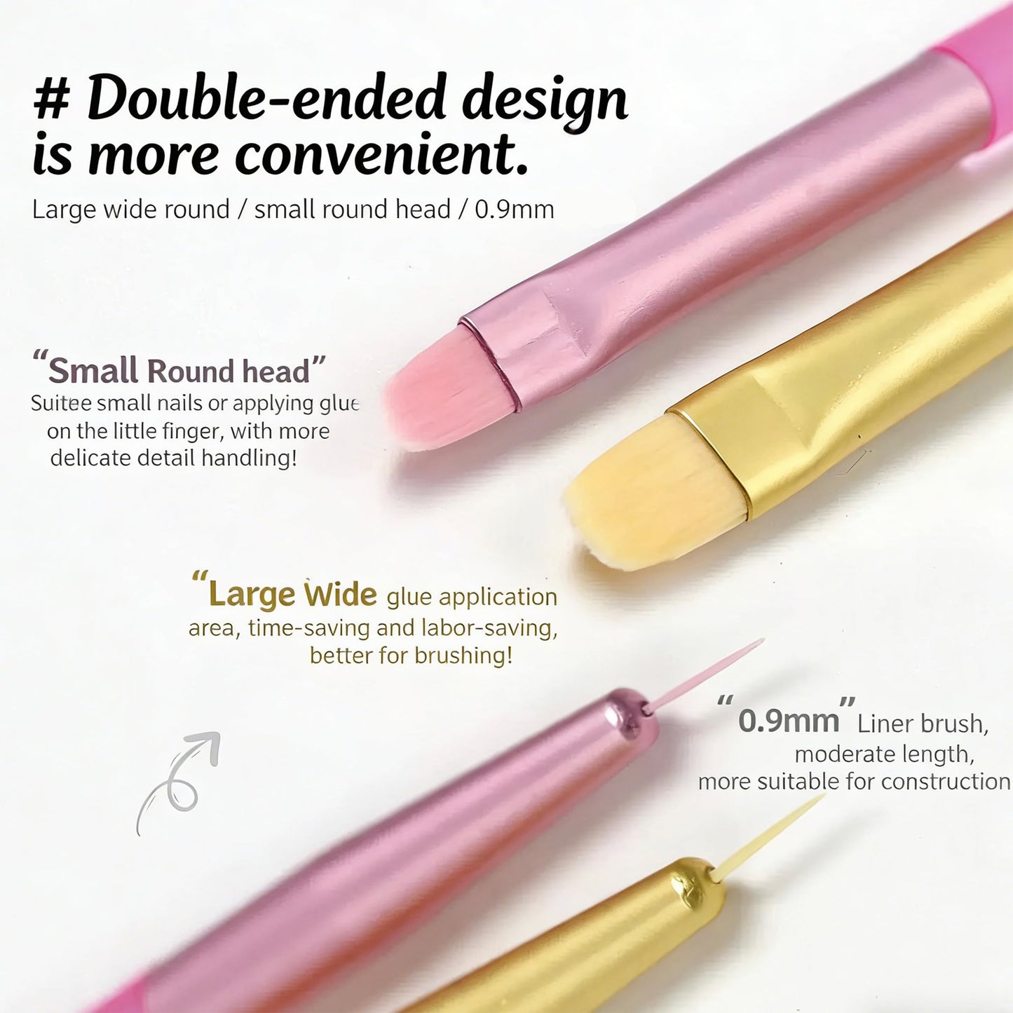 2Pcs Dual-Ended Gel Builder Brushes Set - 0.9mm Precision Liner + Small/Wide Round Tips for French Manicure, Nail Art & Time-Saving Gel Application