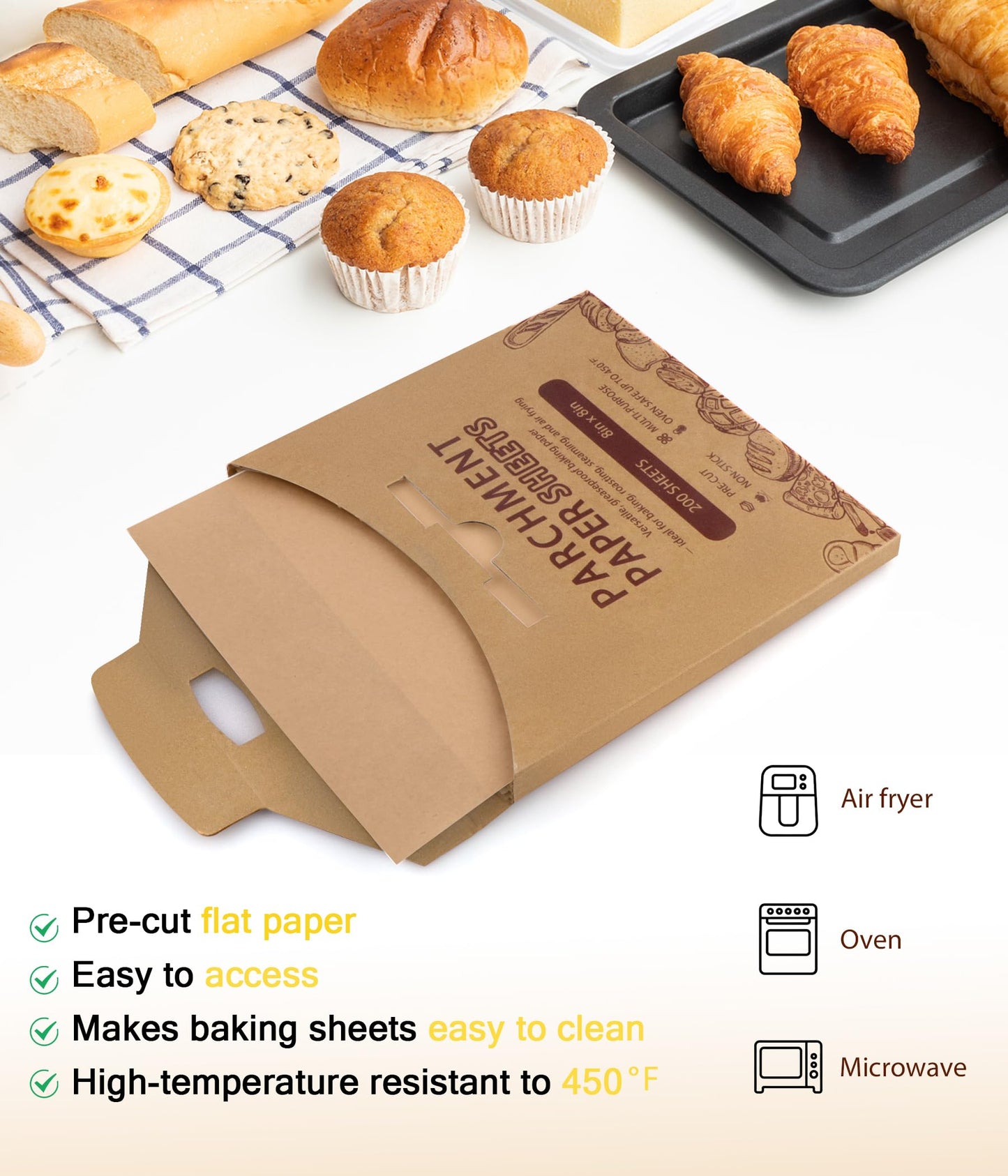 Parchment Paper Sheets, 200Pcs 12x12 Inch Squares Precut Parchment Sheets for Baking, Grilling, Air Fryer, Non-Stick Square Pan Liners Oven Paper for Bread, Cake, Cookies, Roasting, Wrapping, Steaming