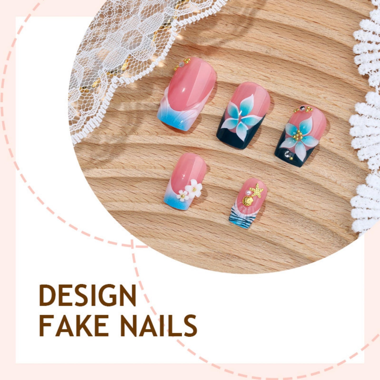 Square Press on Nails Medium Fake Nails Blue Artificial Nail French Flowers with Gold Charm Designs Stick on Nail for Women 24pcs