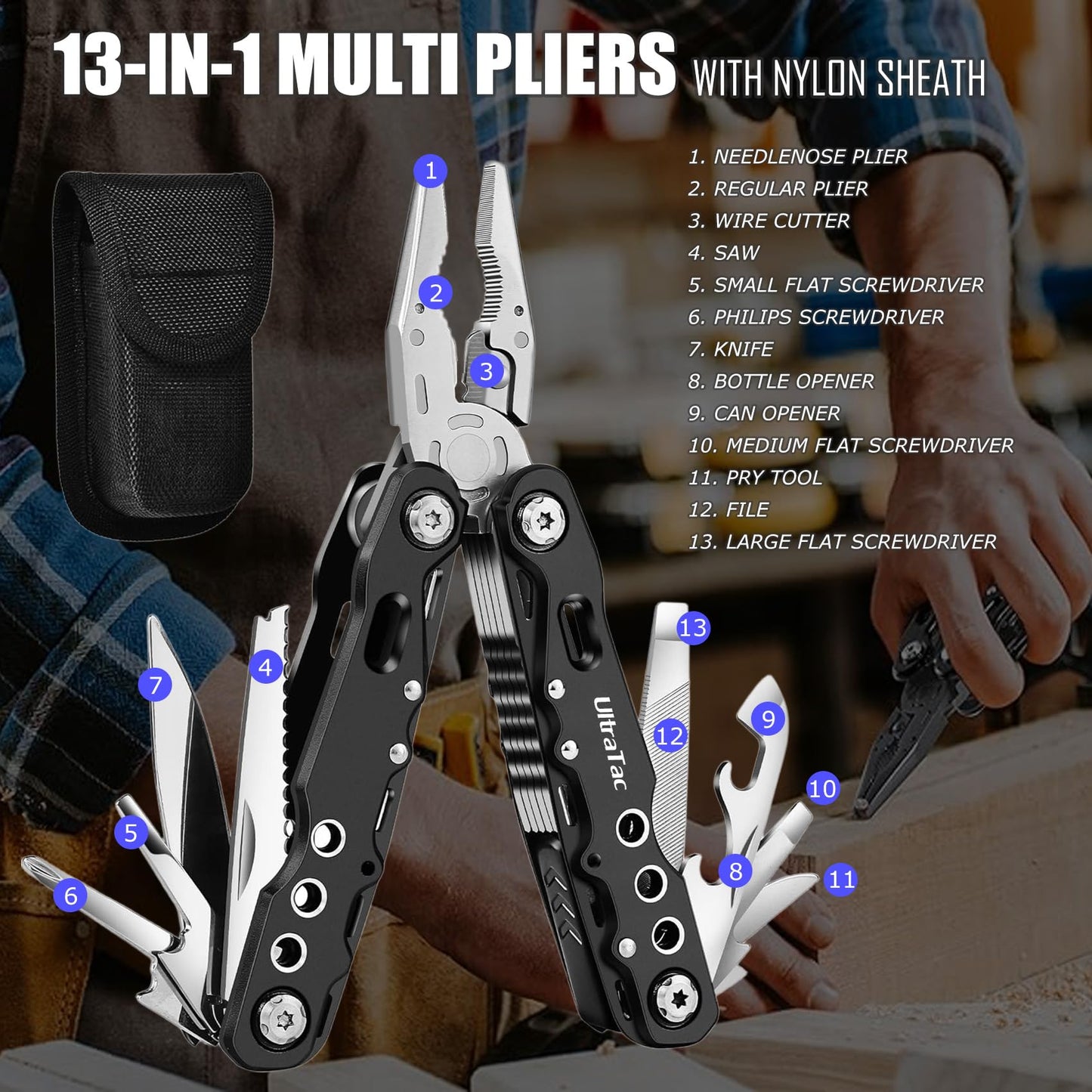 UltraTac Military Grade Multitool Gift Set for Men, Compact Survival Kit for Car Emergency, Birthday or Holiday Gift for Man, Pocket EDC Tools for Camping, Hiking & Quick Fixes - Stainless Steel