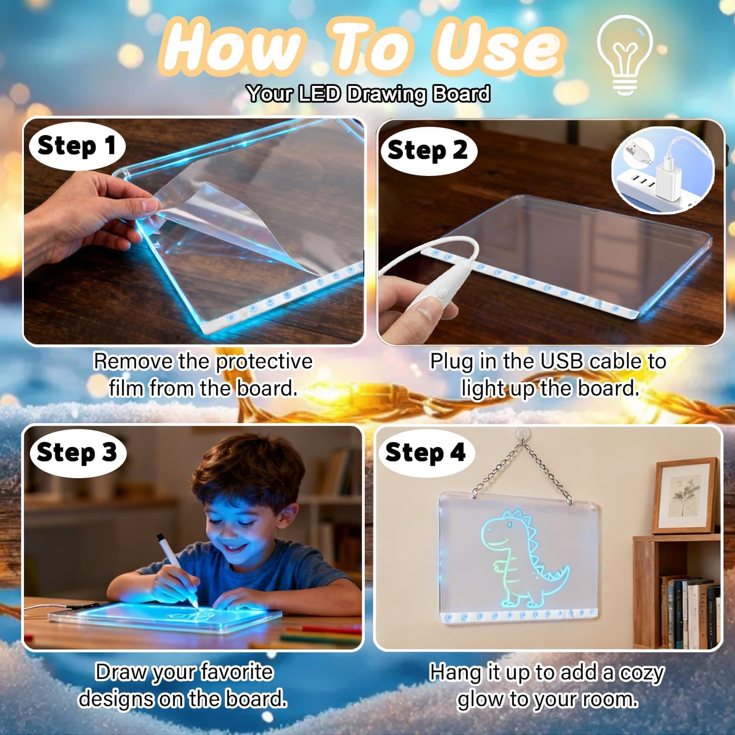 2026 2Pack LED Drawing Board with Colors, Glow Doodle Acrylic Dry Erase Board for Kids Ages 6+, 13.7"x9.75" Plug-in Light Up Note Boards for Boys & Girls Drawing & Creative Play