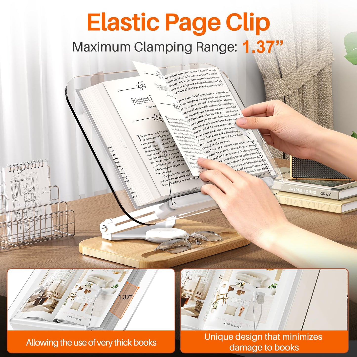BYMECOST Acrylic Book Stand for Reading, 360°Rotating Book Holder with Pen Slot, Adjustable Height and Angle, Elastic Clips for Cookbook Stand, Foldable Desktop Riser for Laptop,Tablet,Recipe,Magazine