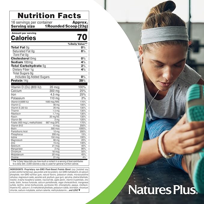 NaturesPlus SPIRU-TEIN Simply Natural, Original Vanilla - 0.81 lb - Unsweetened Plant-Based Protein Shake - Non-GMO, Vegetarian, Gluten Free - 16 Total Servings