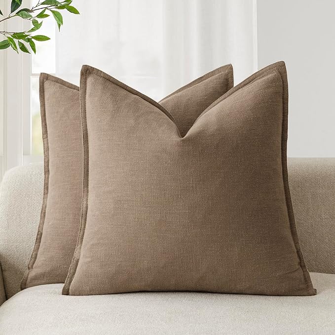 Foindtower Pack of 2, Decorative Linen Soild Throw Pillow Covers Soft Accent Cushion Case Boho Farmhouse Neutral Pillowcase for Chair Couch Sofa Bedroom Living Room Home Decor 24 x 24 Inch Light Brown