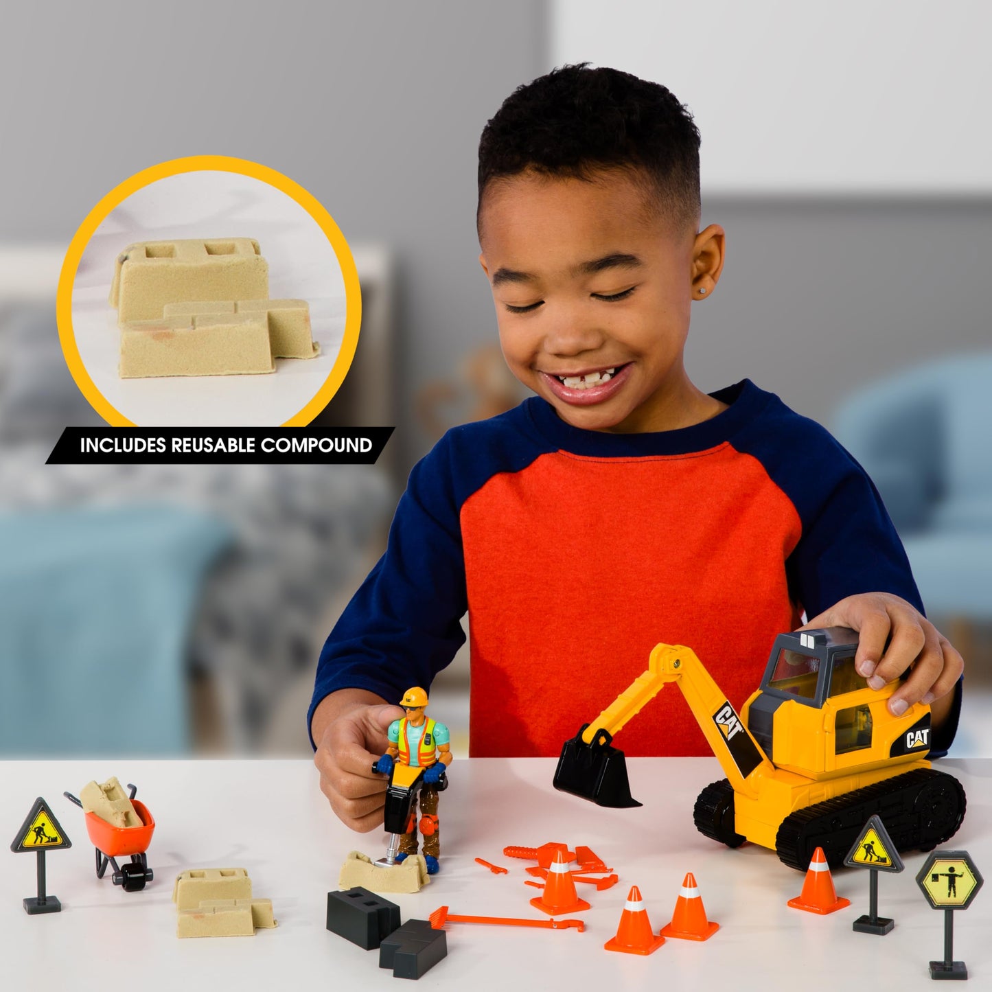 Cat Workforce Excavator Action Set, 23-Piece Kids Construction Toy Playset with 4-Inch Figure, Non-Drying Dirt Compound, Molds, Signs, Tools & Accessories, Ages 3+