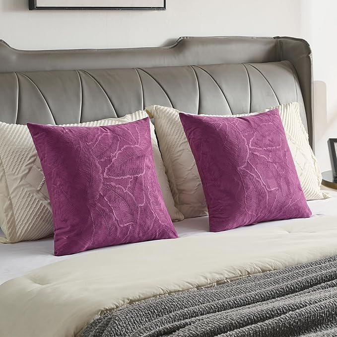 FUTEI Purple Velvet Throw Pillow Covers 16x16 Inch Set of 2,Soft Embossed Leaf-Relief Textured Cushion Cases,Natural Home Decor for Couch Living Room
