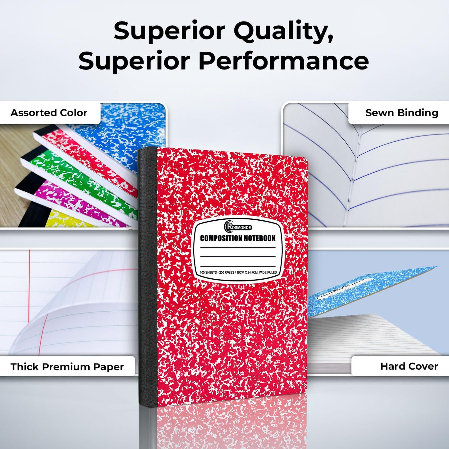 Rosmonde 5 Pack Composition Notebook Wide Ruled, 200 Pages (100 Sheets), 9-3/4x7-1/2, Notebooks for Work, Back to School Supplies, Hard Cover Composition Books, Notebooks for Women, Colors May Repeat