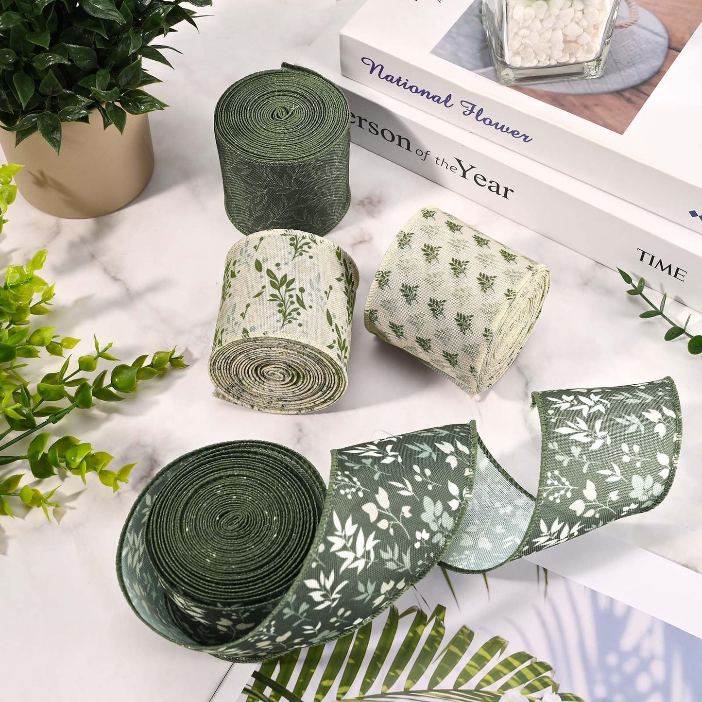 4 Rolls 20 Yards Sage Green Wired Edge Ribbon 2.5 Inch Spring Botanical Floral Buralp Ribbon Greenery Flower Fabric Ribbon for Gift Wrapping DIY Bow Wreath Making Spring Holidays Party Decorations