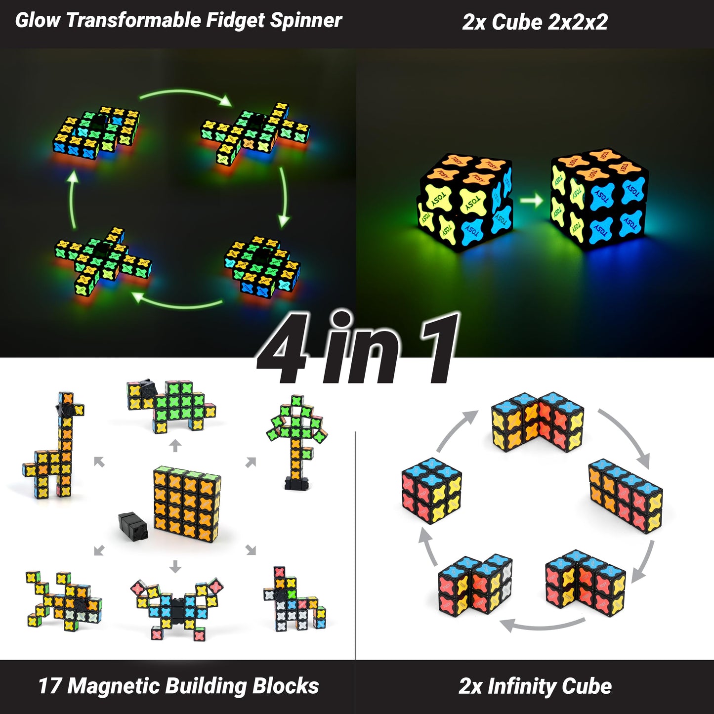 TOSY Magnet Fidget Spinner Glow - 16 Blocks, 3in1 Toy: Transformable Fidget Spinner, Infinity/Puzzle Cube, Easter Basket Stuffers Gift for Kids/Adults, Glowing STEM Sensory Stress Relief