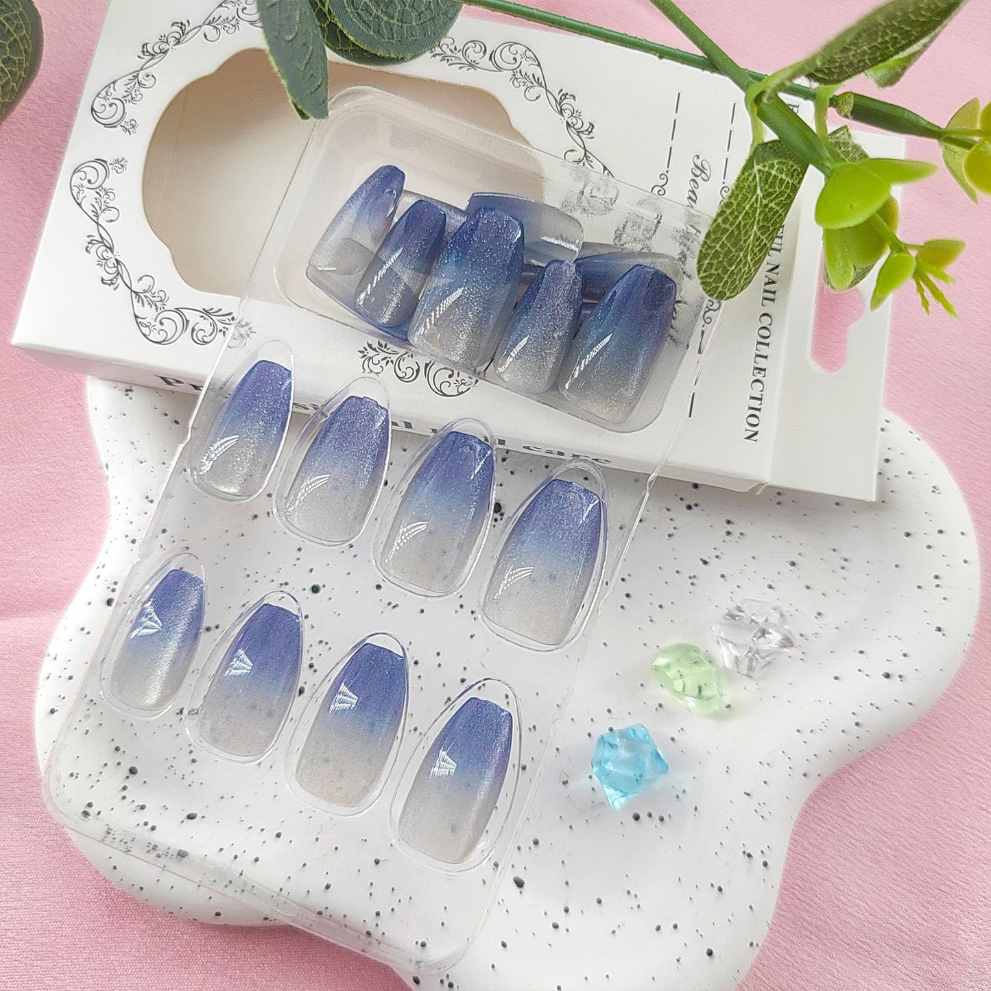 Blue Press on Nails Short Fake Nails Coffin Nails Press ons Cat Eyes Glue on Nails Ombre Acrylic Nails Summer False Nails Glossy Artificial Nails Cute Stick on Nails for Women 24Pcs