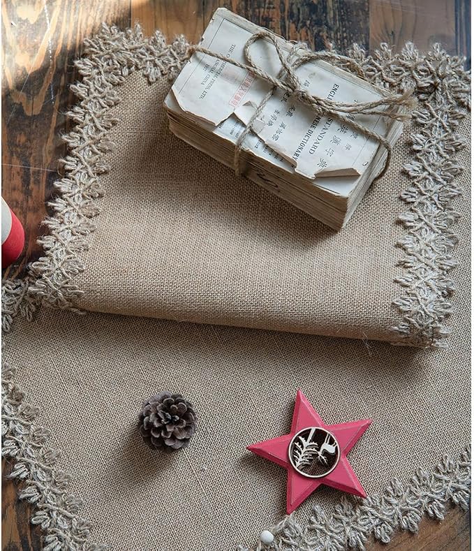 Natural Jute Table Runner, Burlap Style Table Runner, Rustic Farmhouse Table Runner Country Vintage for Wedding, Party Table Decorations, Boho Décor Jute Floral Lace Edge 12x63 inch TAB28