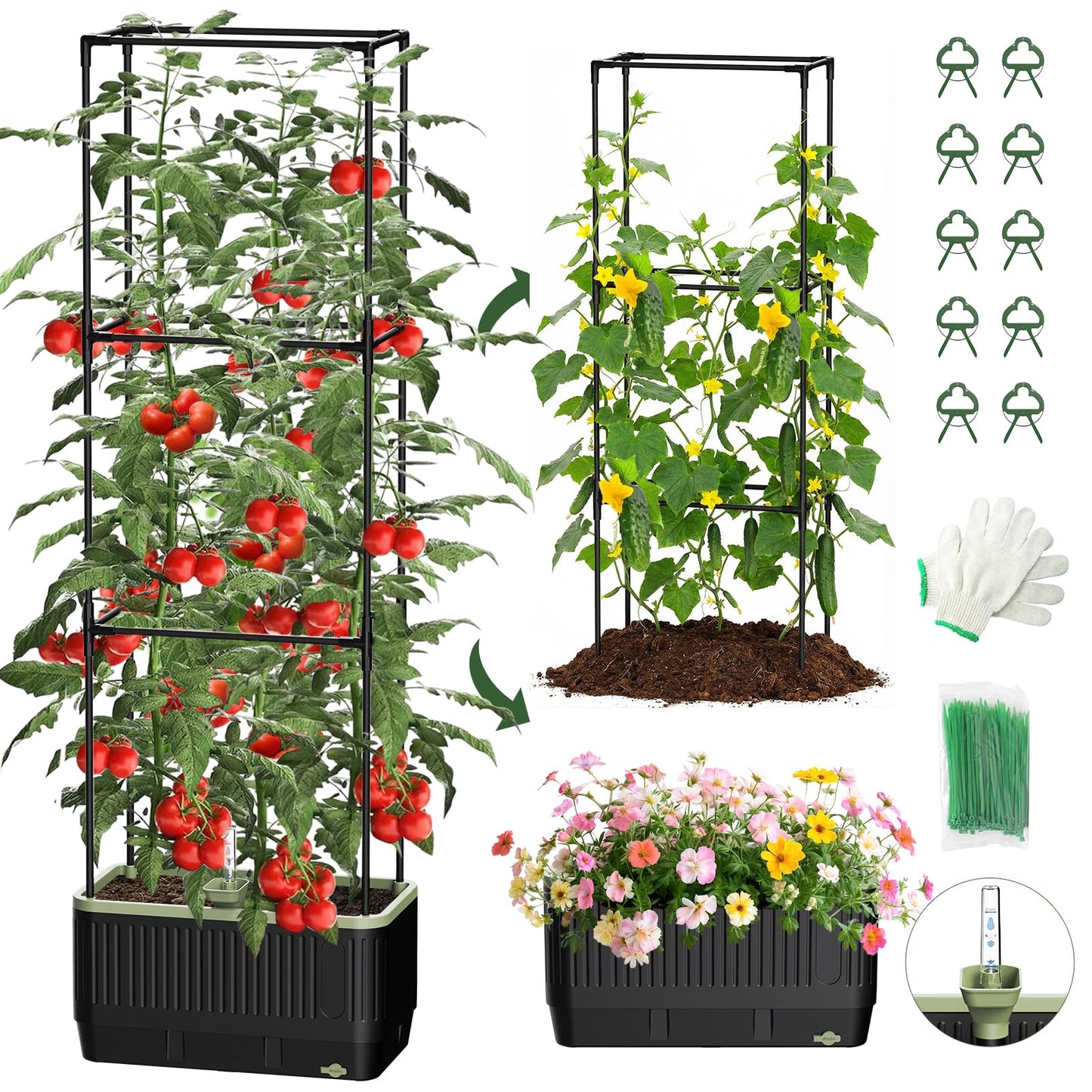 MQJIAZHI Self Watering Tomato Planter with Trellis, Rectangular Tomato Cages Trellis for Raised Garden Bed, Tomato Planters Box for Garden Pots Patio Indoor Outdoor (Rectangular, 1PC)
