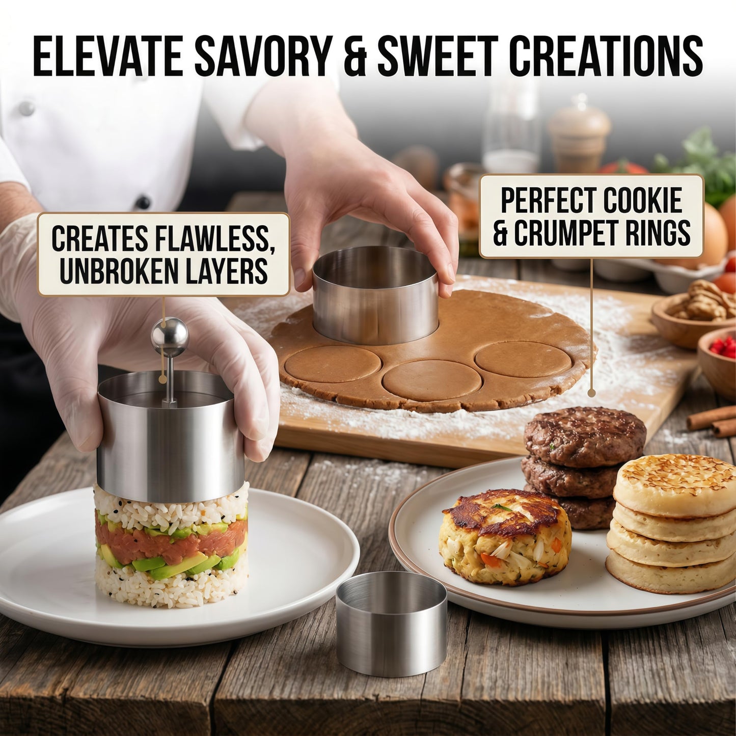 Stainless Steel Cake Ring Set of 3 Professional Round Ring Mold with Press, Small Pastry Baking Molds & Metal Cookie Rings for Mousse Desserts
