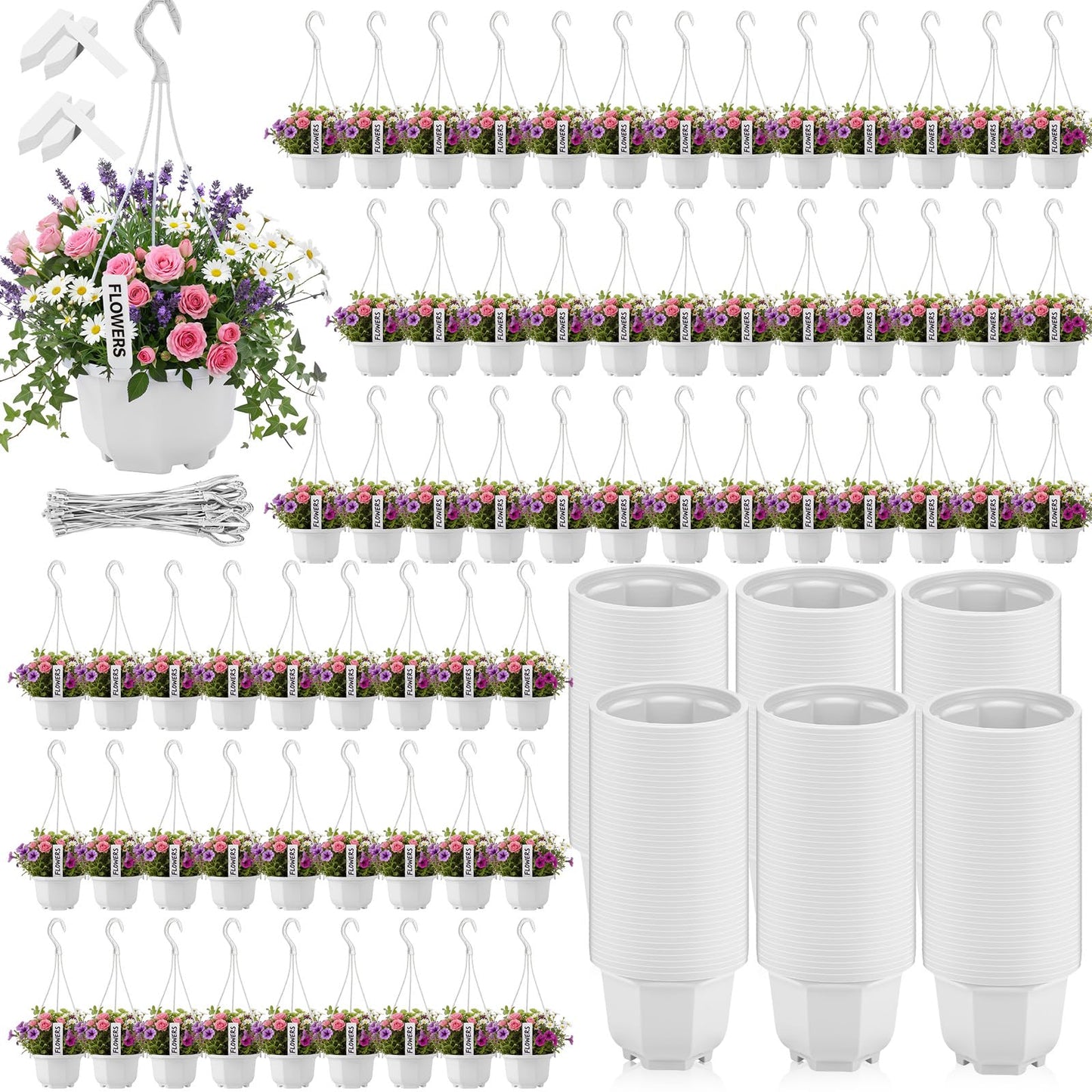 Romooa 200 Pack 5.1 Inch Plastic Hanging Pots Bulk Nursery Hanging Planters with Hooks and Drainage Small Grower Pots for Indoor Outdoor Plants, Garden, Includes 200 Labels(White)