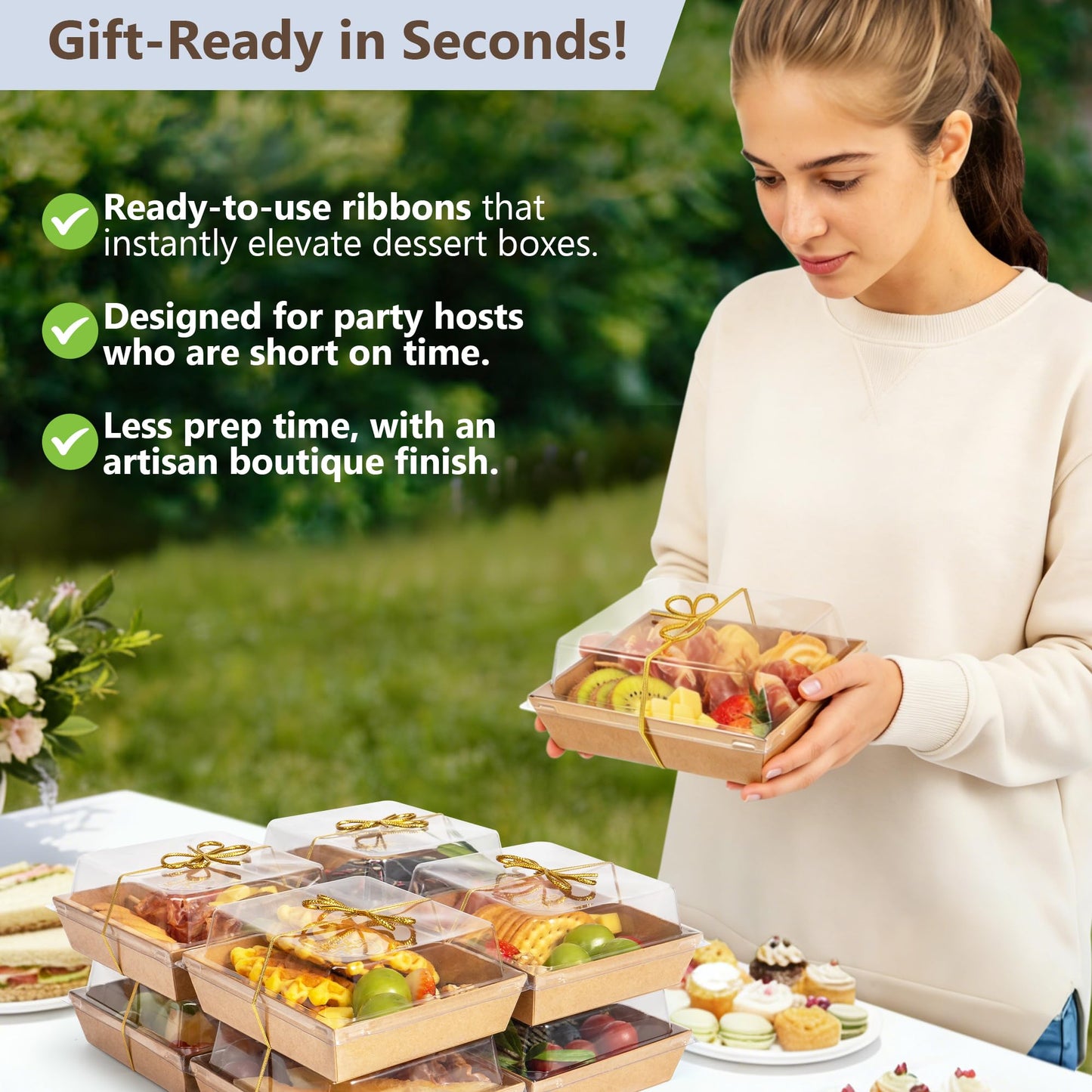 Gift-Ready Charcuterie Boxes with Clear Lids, Cake Slice Container, Bakery packaging, Food Gift Containers, Small Treat, 5"Dessert Boxes with Ready to use Ribbon and Bamboo Skewers-50 Count-BROWN