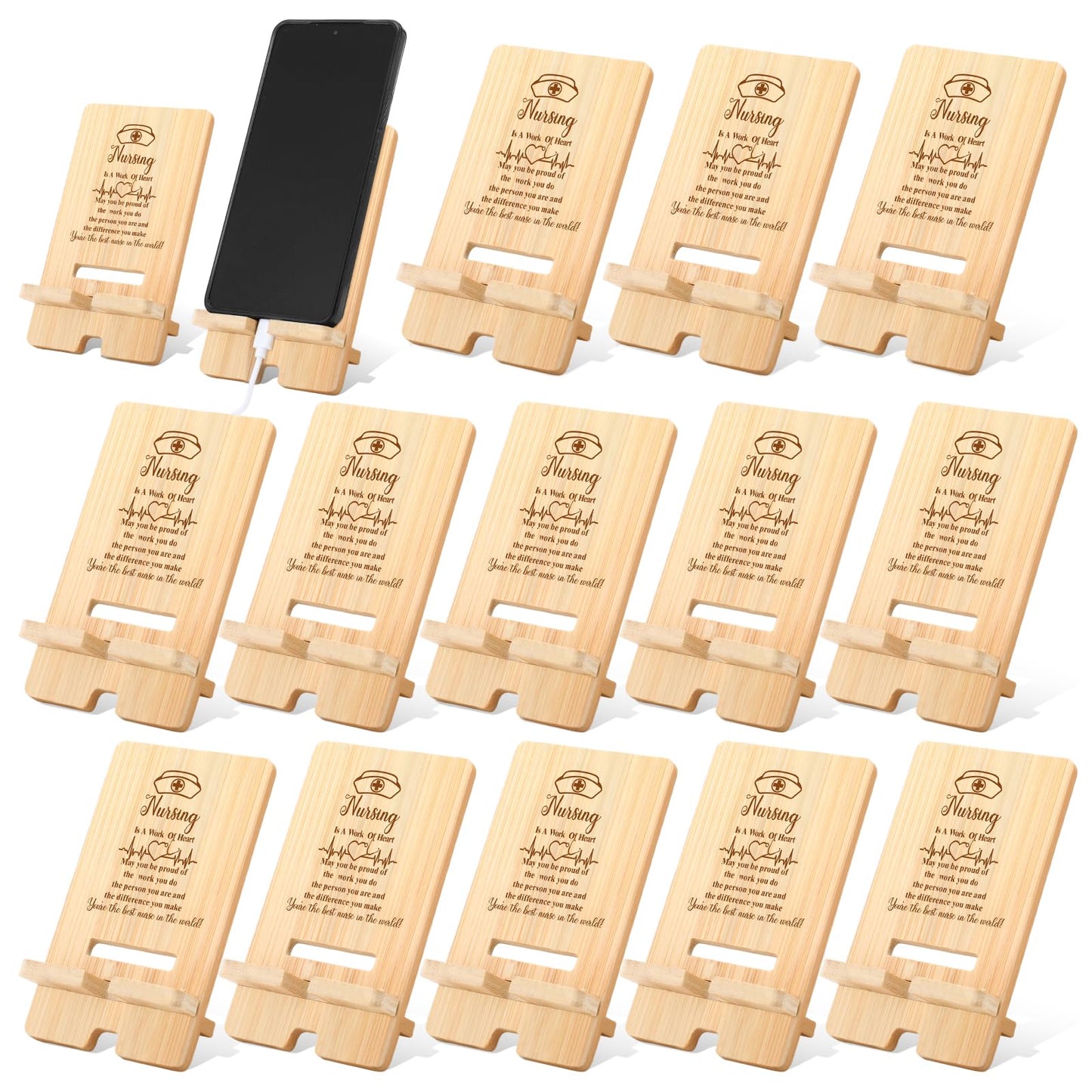 Novabright 12 Pcs 2026 Nurse Appreciation Gift Bulk Bamboo Phone Stand for Desk Office Worker Thank You Gift for Rn Staff Coworker Doctor Student Grad Graduate Office