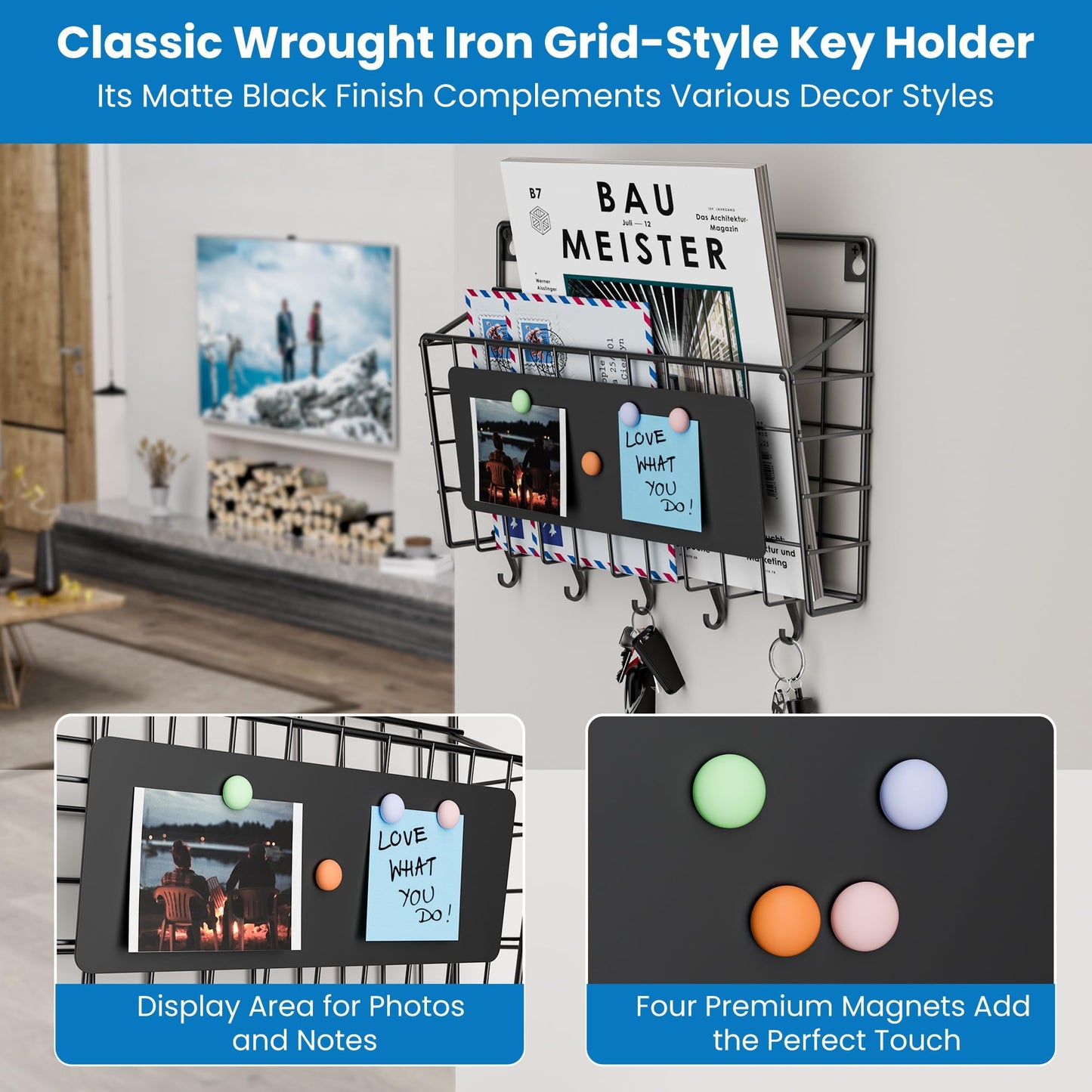 Baeymonkay Easy Assembly and Installation Iron Key Holder Wall Mount, Mail Organizer for Wall, Matte Black Finish, Extra Large Storage Space for Mail, Mail Holder Features 5 Hooks, Key Rack Hanger
