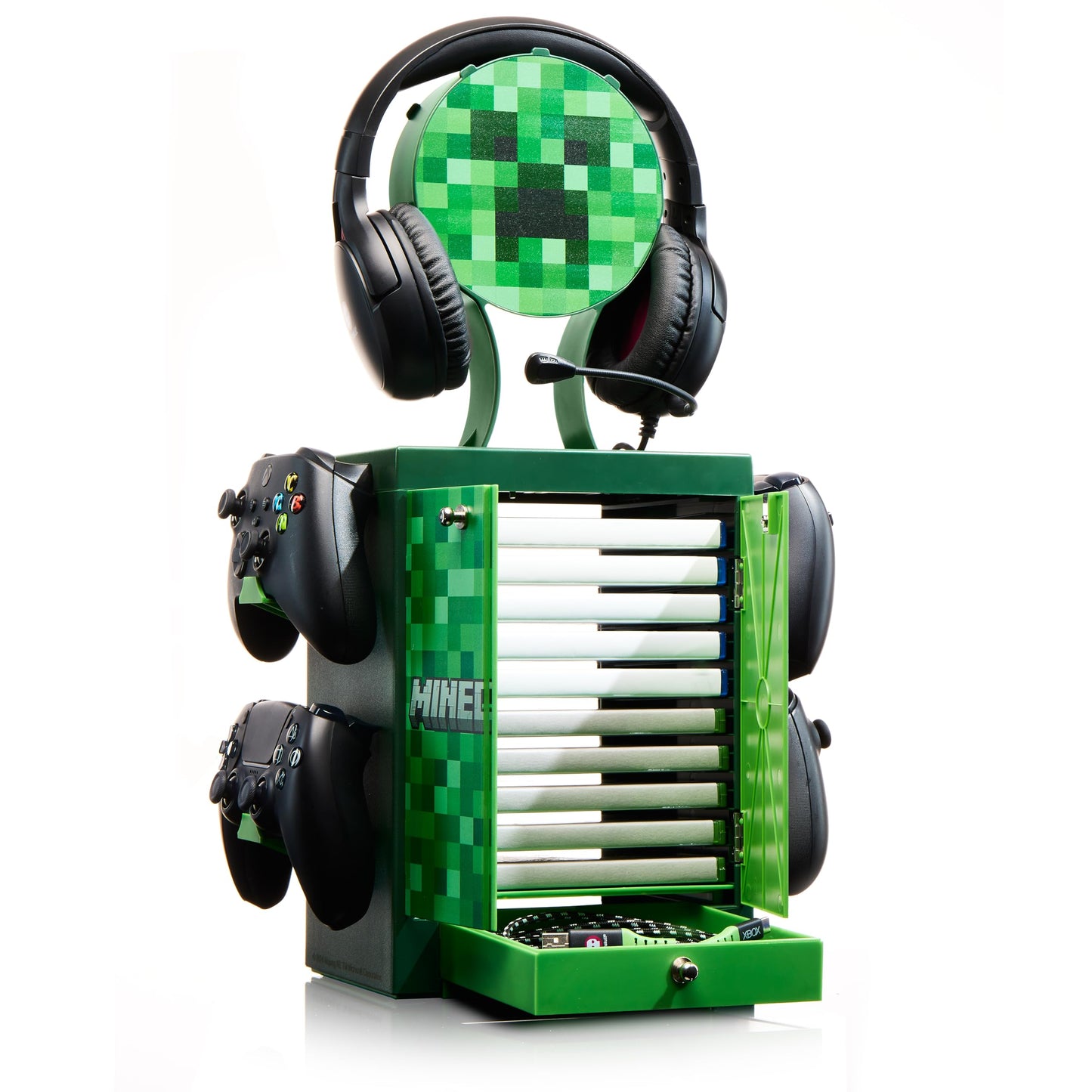 Numskull Official Minecraft Gaming Accessory Locker & Storage Stand – Holds 10 Games/DVDs, 4 Controllers, Headset, and Accessories – Durable & Compact Organizer – Official Minecraft Merchandise