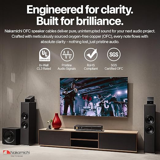 Nakamichi 10/2 (100-Foot) in-Wall & Direct Burial (UL CL2 CL3 Rated) Oxygen-Free Copper (OFC) 2-Conductor Speaker Cable Wire, Outdoor In-Ground, in-Ceiling, Riser, Black (10AWG / 100ft / 30.48m)