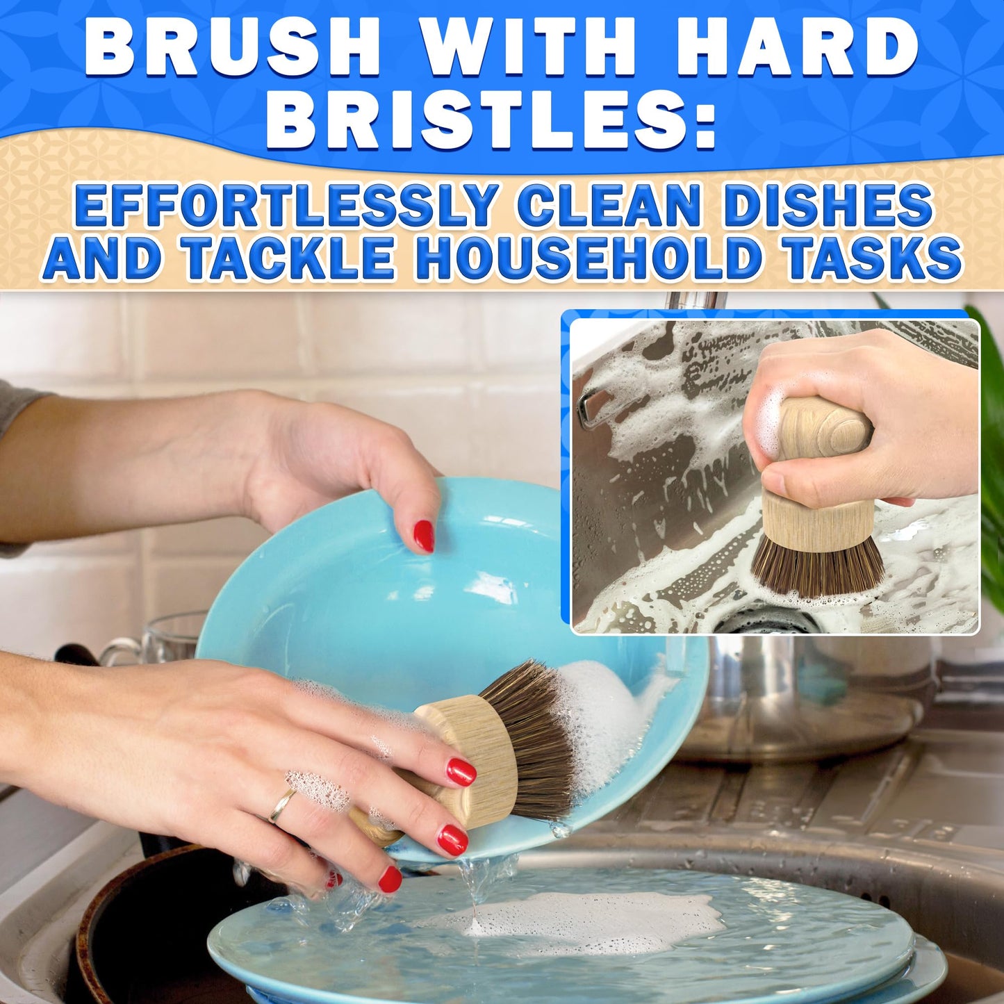 5 Pcs Bamboo Dish Brush Set – Bamboo Dish Scrubber with Soft & Stiff Non-Scratch Bristles, Ergonomic Handle, Replacement Head Included – Lightweight Kitchen Scrubber for Pots, Bottles & Vegetables