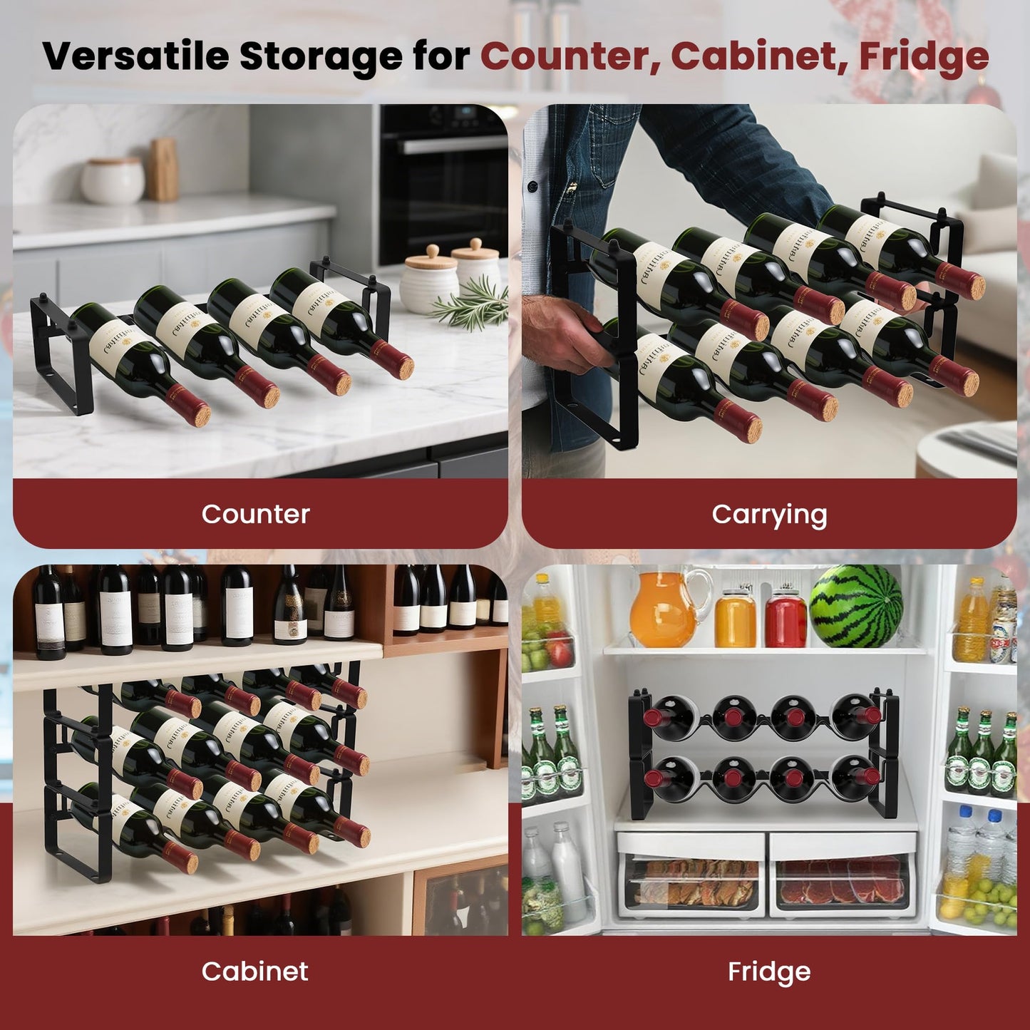 STAEVER Stackable 4 Bottles Wine Rack – Compact Metal Wine Holder for Countertop, Cabinet, Pantry, Bar, or Small Spaces – Small Freestanding Wine Storage Organizer for Tight Spaces (1 Tier, Black)