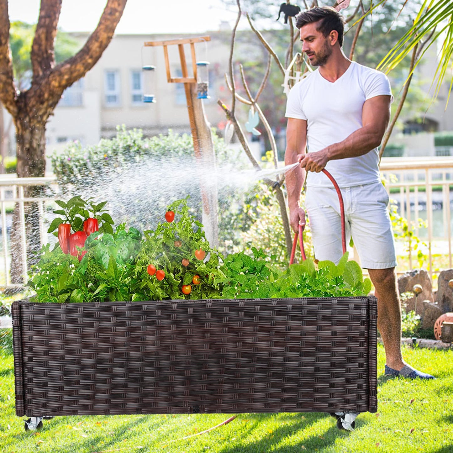 Raised Garden Bed - Garden Planters Box with Wheels, Rattan Patio Raised Beds for Gardening, Indoor Outdoor Planters 3.1FT Save Space…