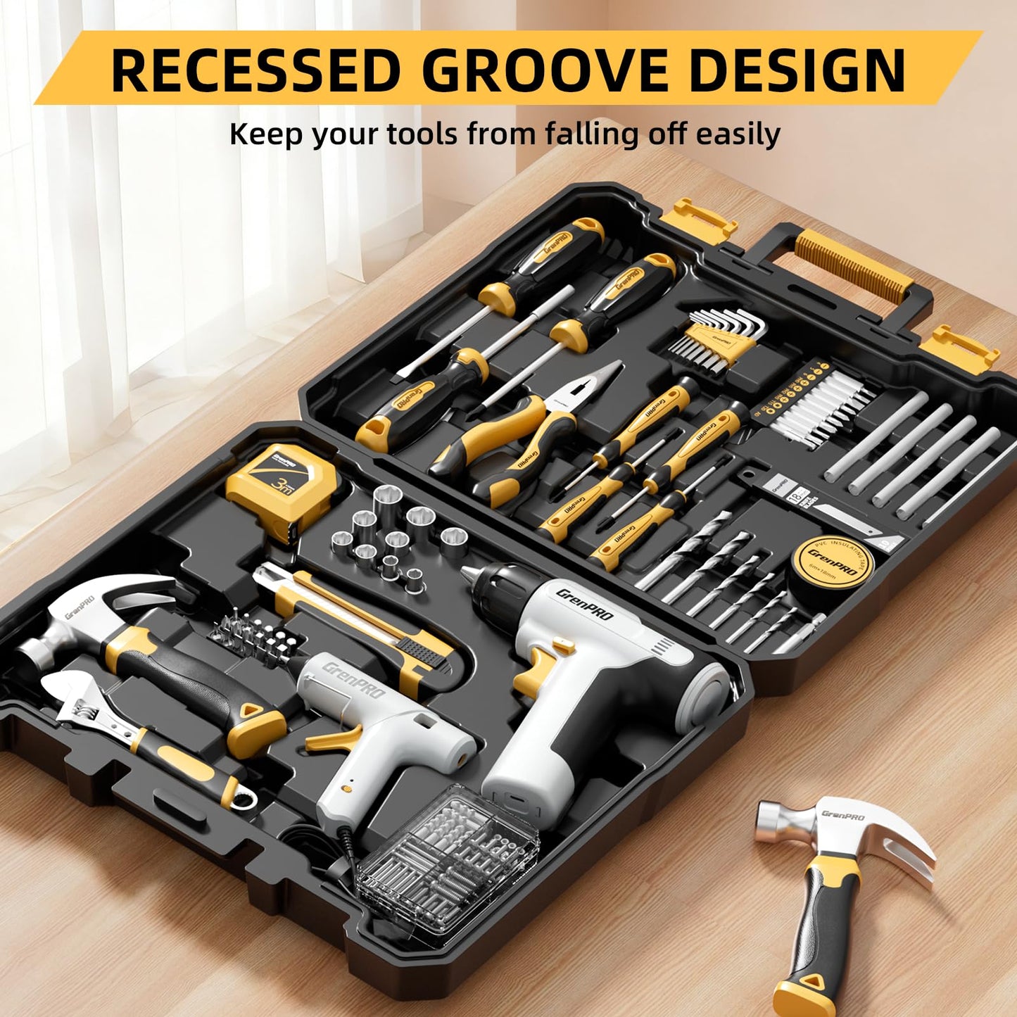 GRENPRO Tool Set Drill Set, 188PCS Tool Kit for Home with Cordless Drill Power, Hand Tool Kit for Women, Basic Household Auto Car Repair Tool Box for Men, Portable Plastic Storage Box Tools Sets
