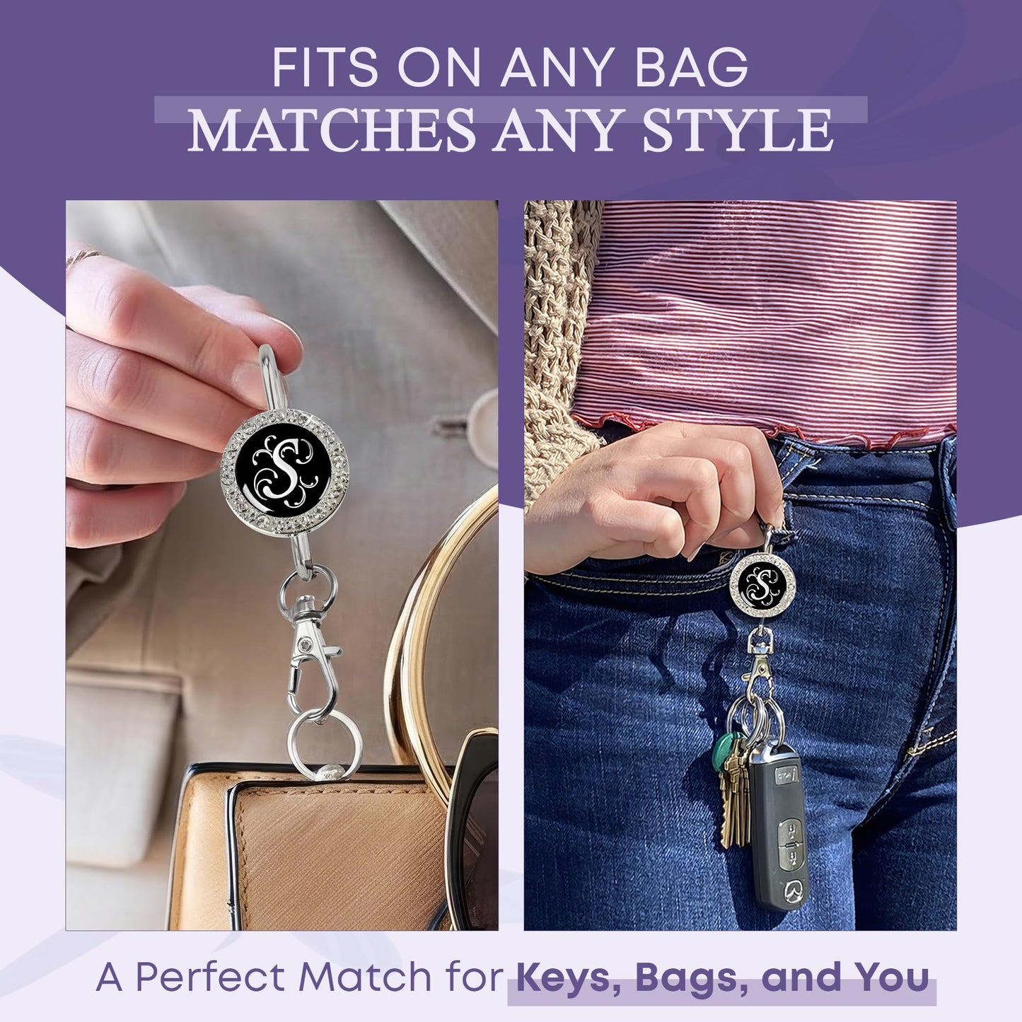 Women’s Bag Charm Key Finder, Car Keychain Hook, Cute Purse Organizer & Tote Bag Accessories, Gifts for Mom - Monogram S