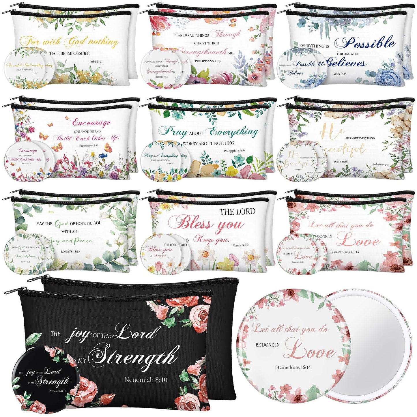 Abbylike 40 Pcs Christian Gift for Women Include 20 Bible Verse Makeup Bags 20 Christian Compact Mirrors Inspirational Religious Scripture Gift for Mom Sister Birthday Christmas(Flower Style)