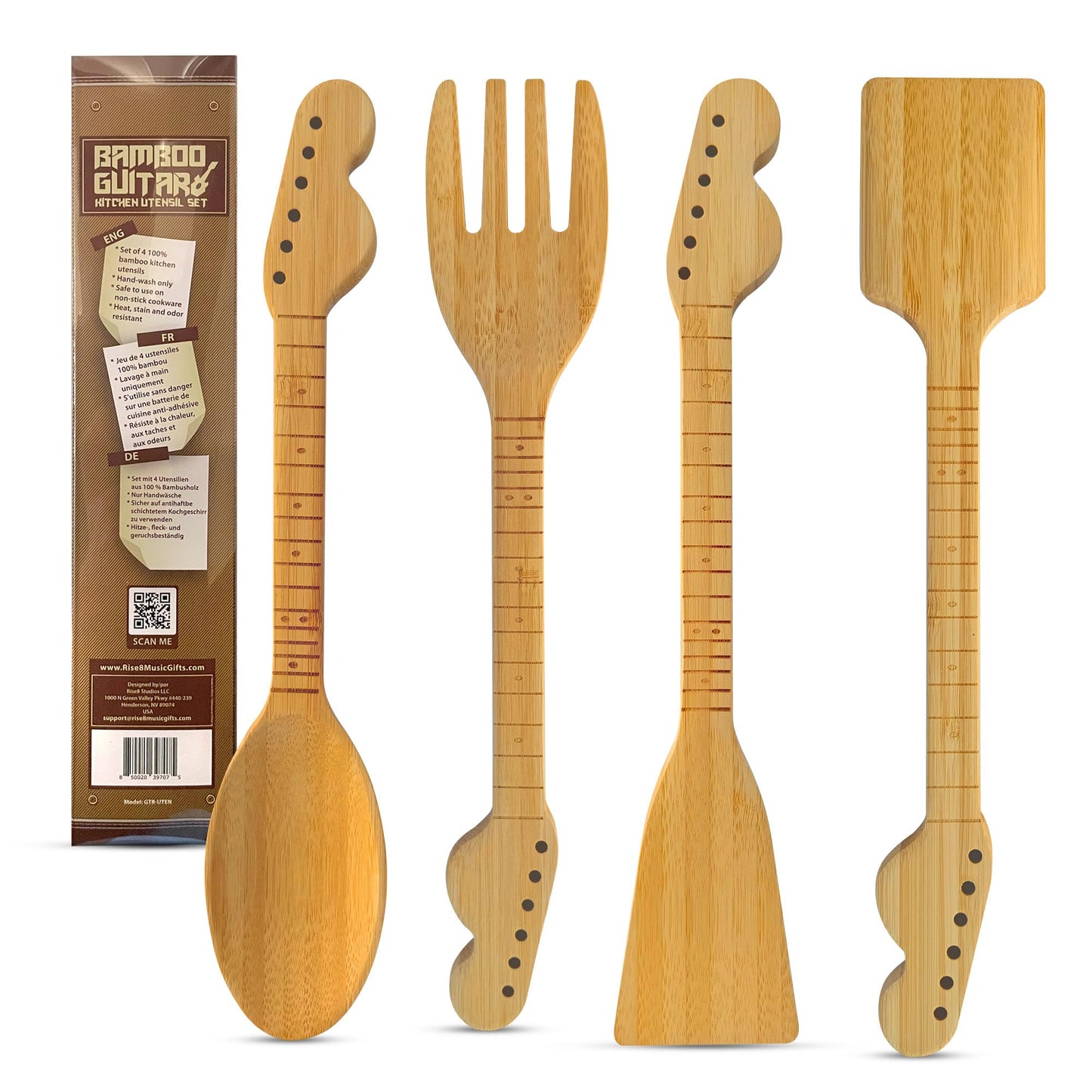 Rise8 Studios Guitar Bamboo Cooking Utensils Set (4-Piece) | Wooden Spoons and Spatulas | Fun Music Themed Kitchen Gadgets & Accessories | Unique Gift for Musicians, Guitar Players