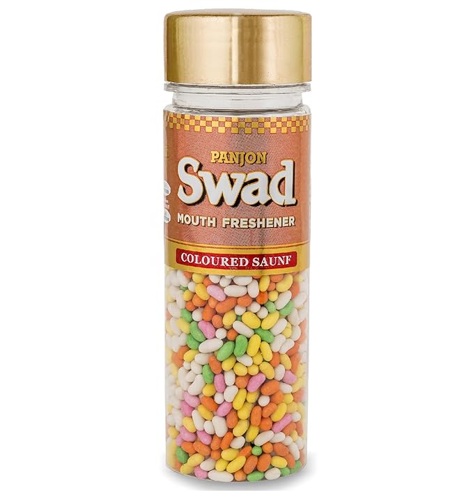 Panjon Swad Sugar Coated Fennel Candy Mukhwas Mouth Freshener 1 Bottle, 140g (COLOURED SAUNF)