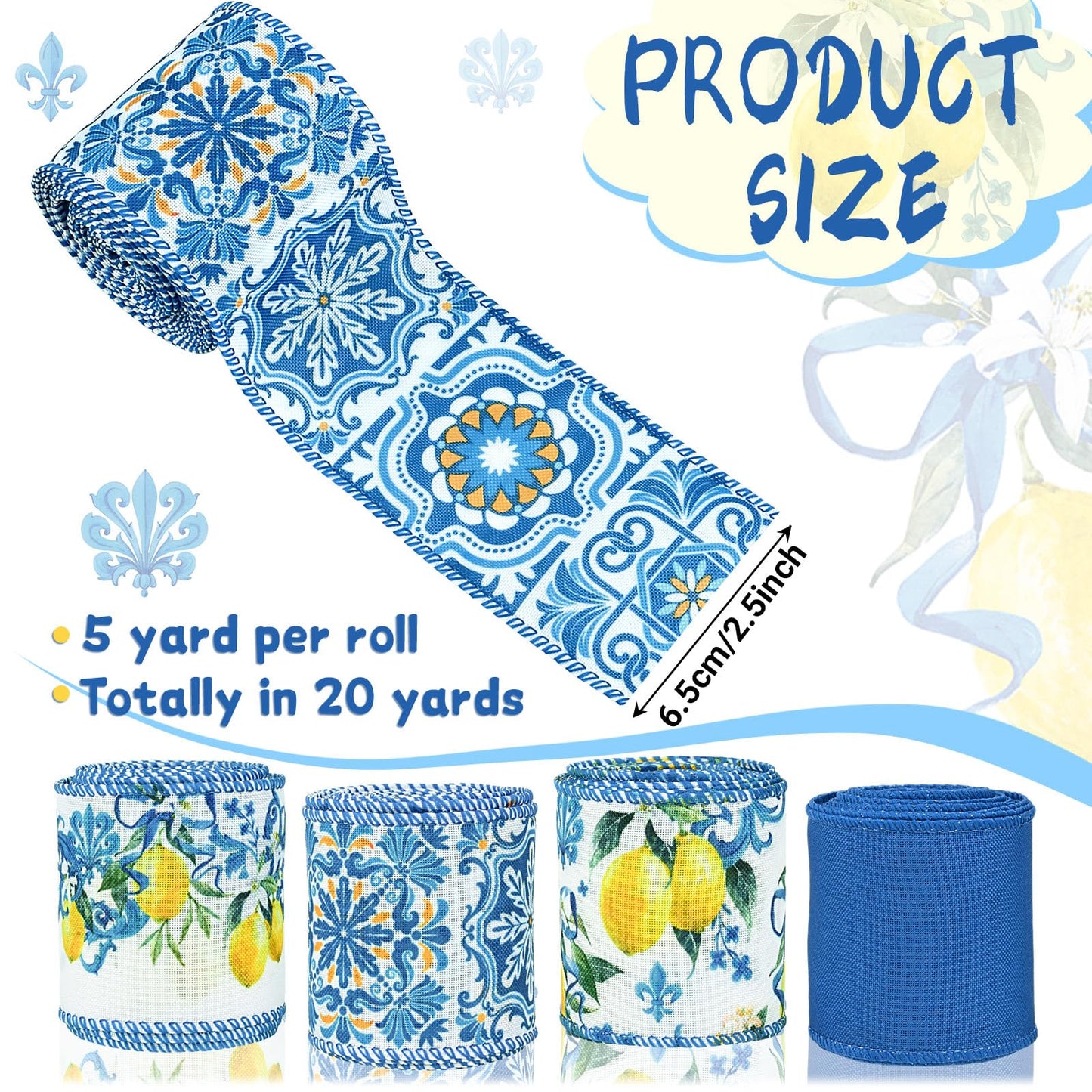 4Rolls 20 Yards Lemon Wired Edge Ribbon 2.5inch Summer Blue Tiles Yellow Lemon Printed Fabric Ribbon for Wreath Bow Making DIY Crafts Wrapping Supplies