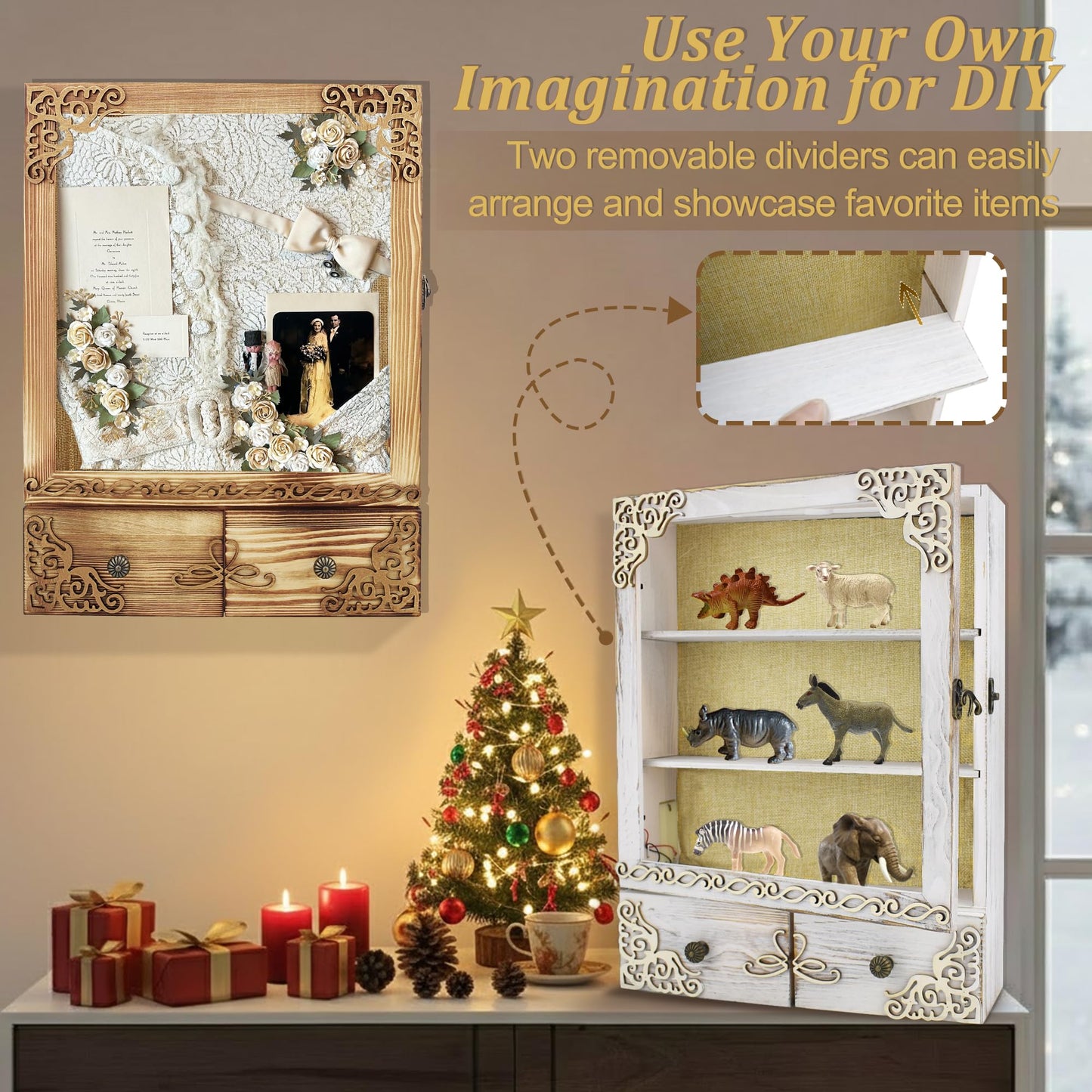 KWYADLUO 11x16 Shadow Box Frame with Light, Memorial Display Case with Shelves, Drawer and Slot for Keepsakes, Deep Memorial Shadow Box for Pet Memorial, Dog Keepsakes and Flowers, Black