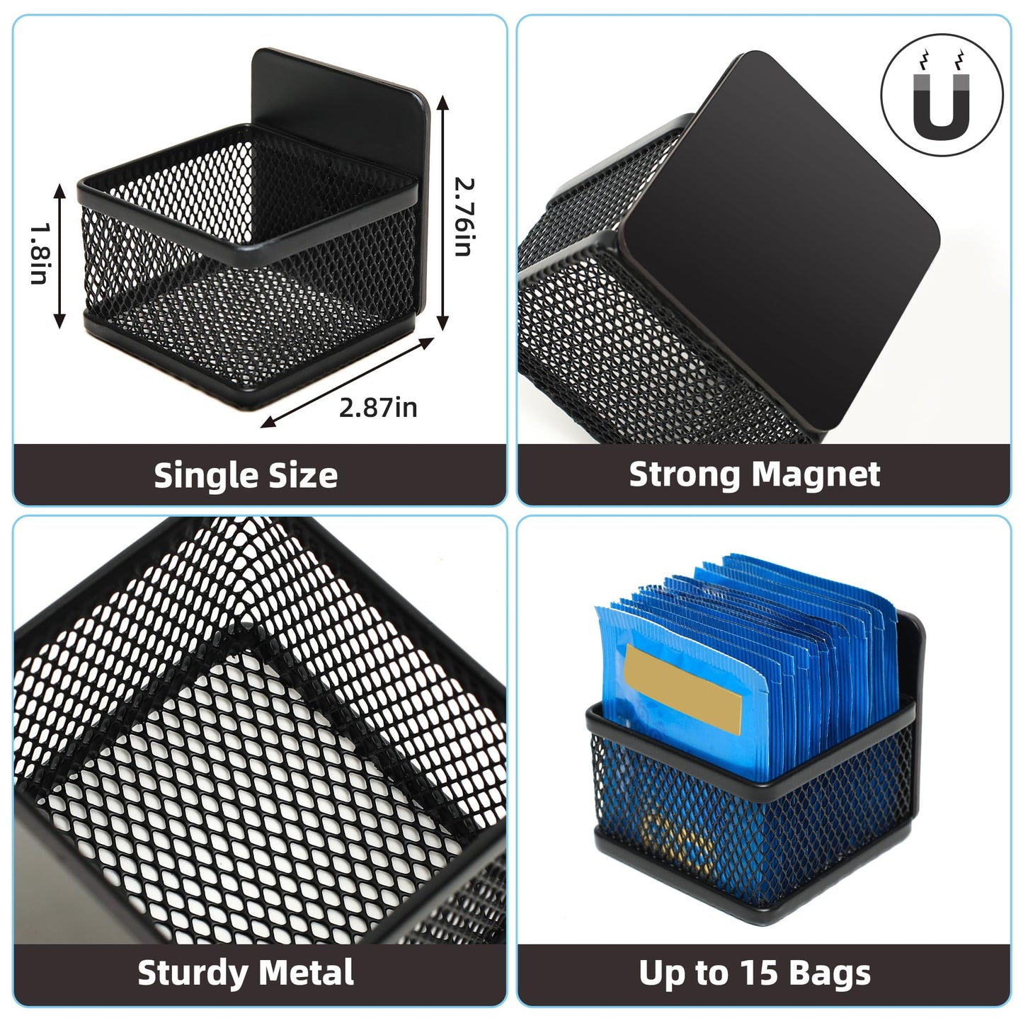 NatldGs Magnetic Tea Bag Organizer, 6-Piece Metal Tea Organizers and Storage for Refrigerator, Counter or Kitchen Shelf, Idea Tea Gift for Tea Lovers, small, black, DB-1205