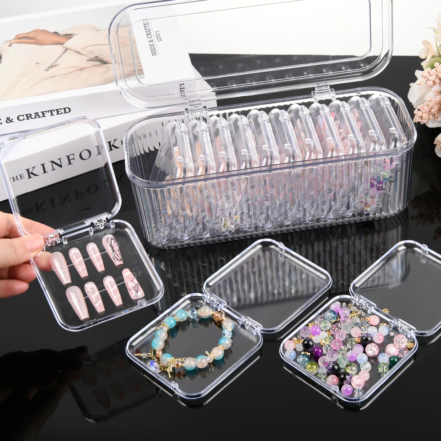 LONTOHCE Press On Nail Orgnizer 12pcs 3.3inch Clear nail storage box and 1 large storage box for Press On Nail Packaging and fake Nail Storage Nail Display with double sided tape.