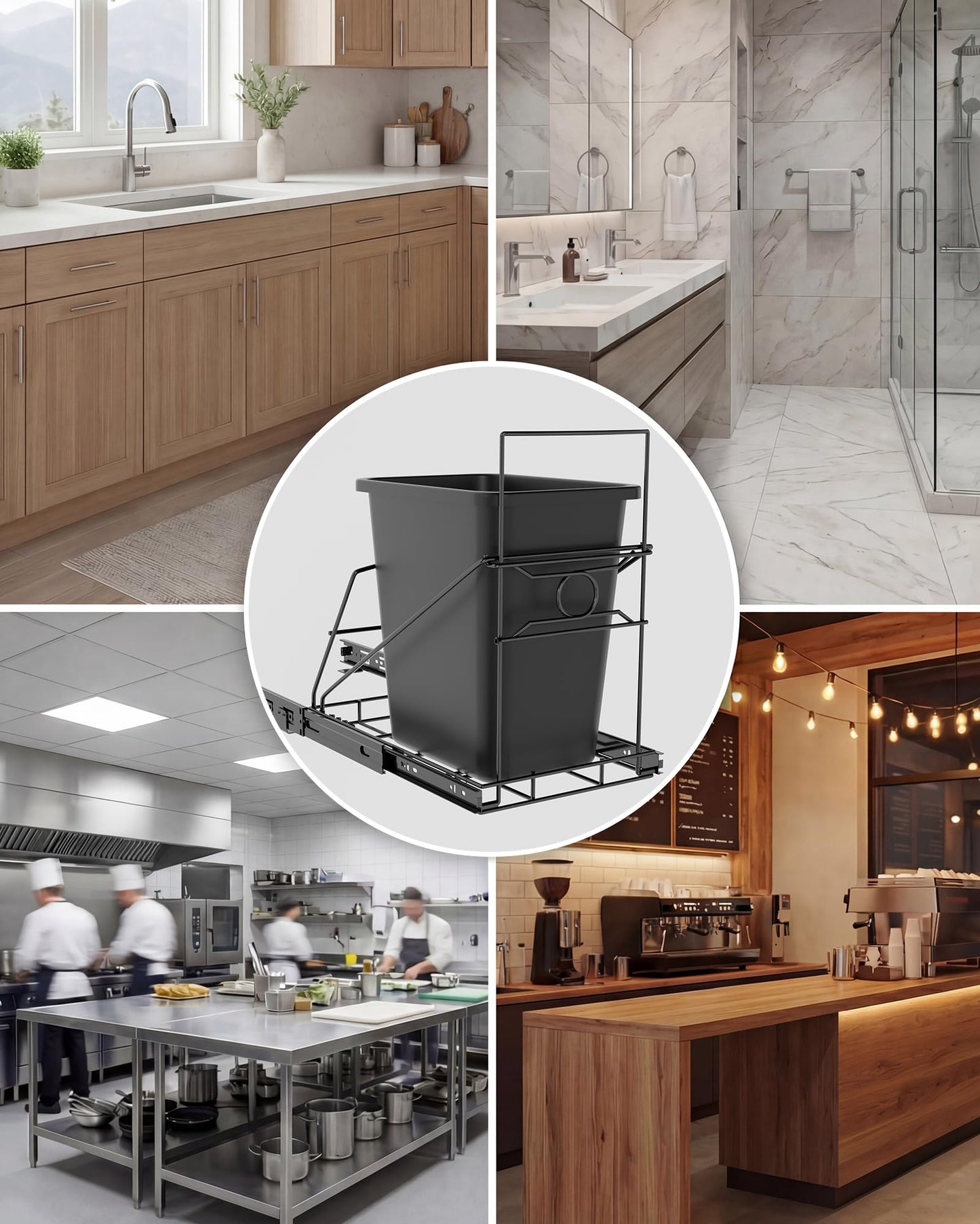 SOCONT Pull Out Trash Can Under Cabinet Adjustable Trash Can Holder for 7 to 11 Gallon Bin Bottom Mount Slide Out Trash Rack for Narrow Cabinets(Black, No Bin Included)