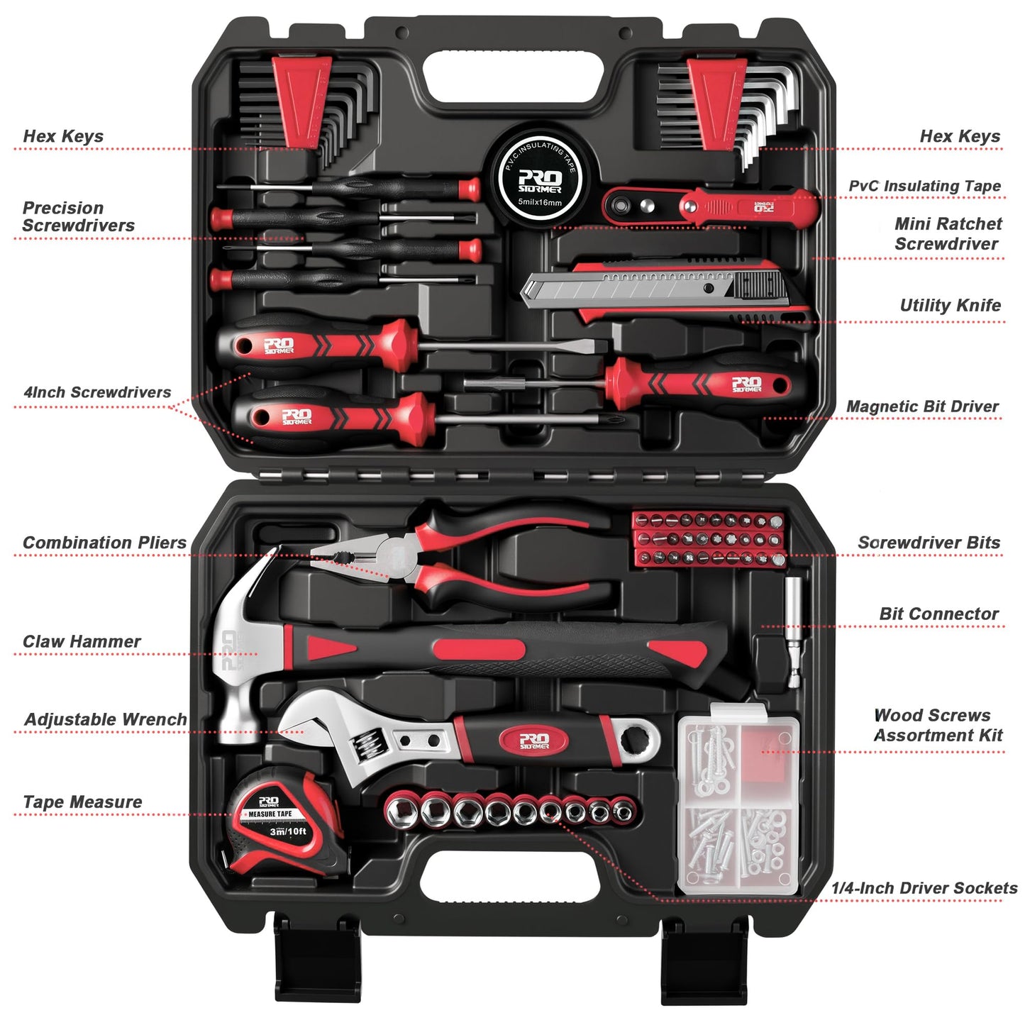 Prostormer 160-Piece Home Repair Tool Set, General Household Hand Tool Kit with Toolbox Storage Case for House, Garage, College Dorm and Office (Red)