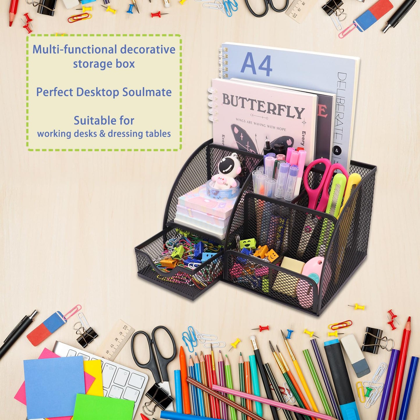 Boutilon Mesh Desk Organizer Desktop Office Supplies Stationary Organizer with 6 Compartments and 1 Drawer Multi-Functional Caddy Pen Holder for Home Office School Desk Decor(Black)