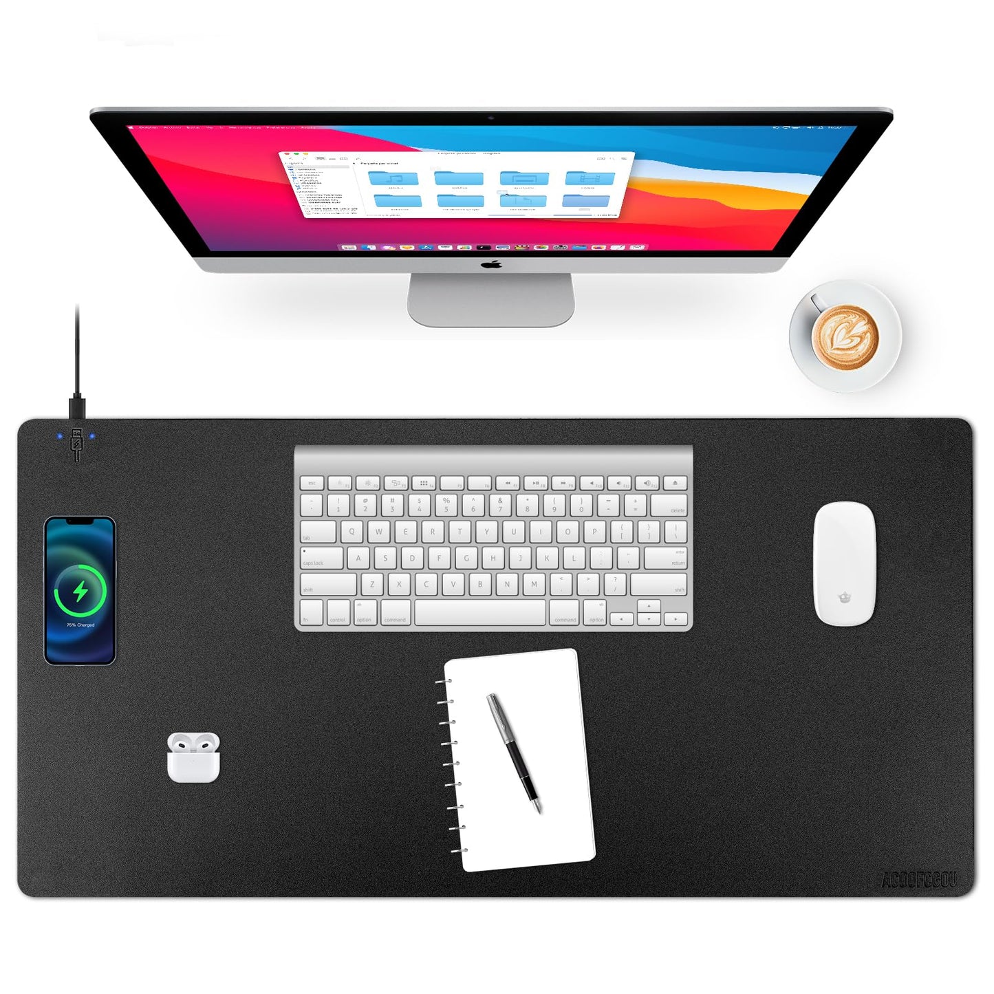 Wireless Charging Desk Mat with Desk Pad for Desktop Charging Large Mouse Pad Waterproof Leather Computer Mat Mouse Pad Non-Slip Protector on Top of Desks for Keyboard and Mouse (black-l, 36*17inch)