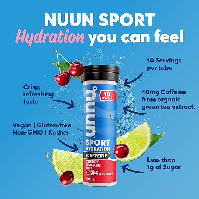 Nuun Sport Electrolyte Tablets with Caffeine from Green Tea Extract, Magnesium, Calcium, Potassium, Chloride & Sodium, Gluten Free & Vegan, Cherry Limeade, 8 Pack (80 Servings Total)