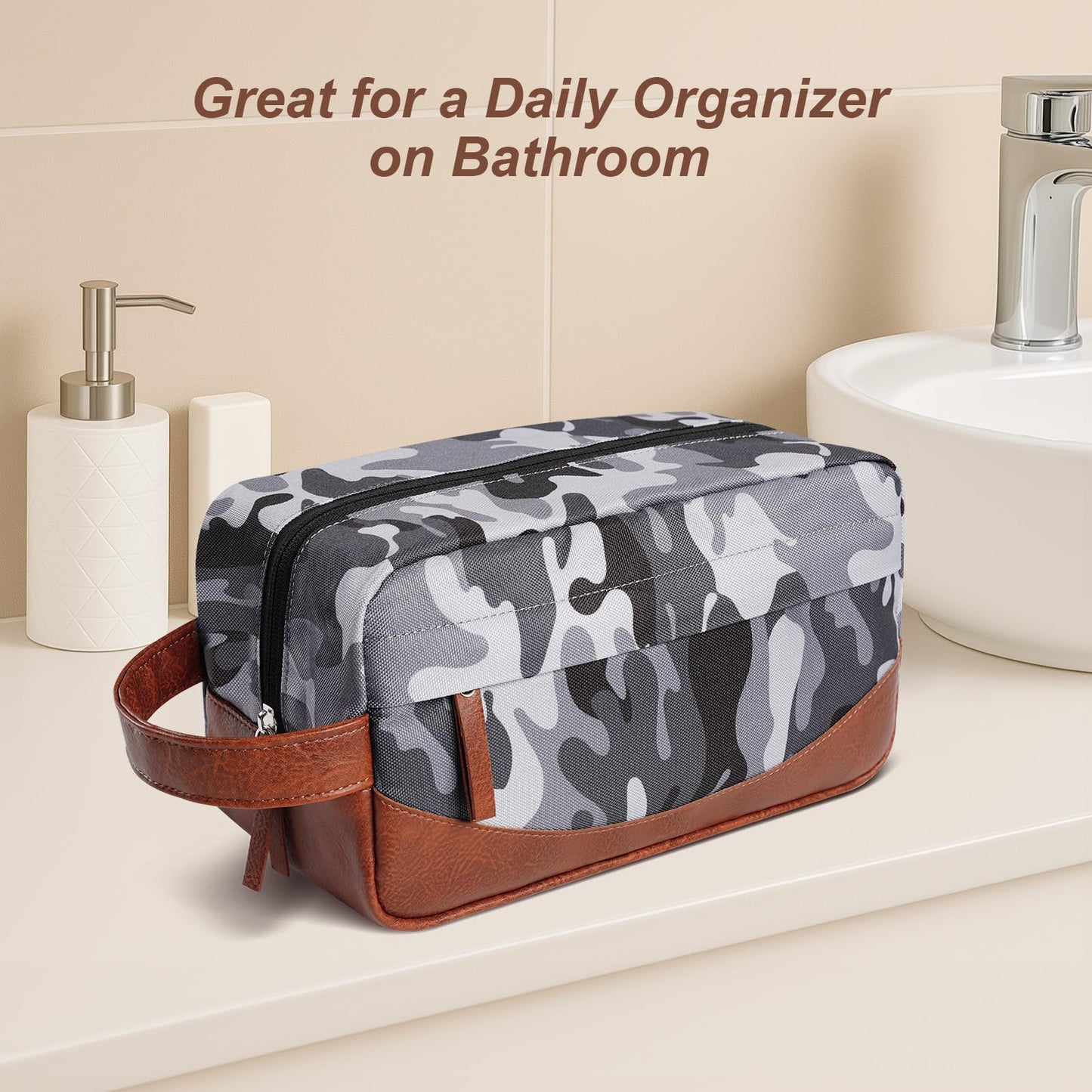 Ezday Travel Toiletry Bag for Men, Hanging Toiletry Organizer, Water Resistant Shaving Kit with Large Capacity for Travel Accessories (Camo-Gey, Medium)