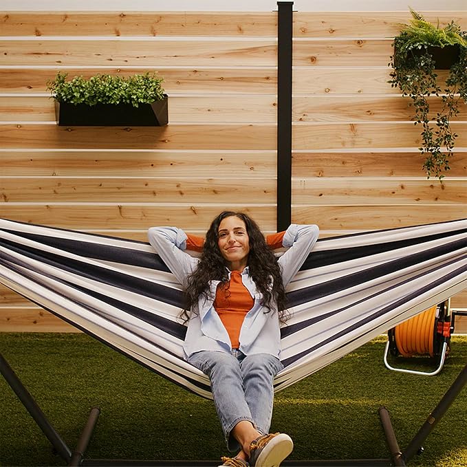Vivere Double Sunbrella Hammock with Space-Saving Steel Stand, Heavy-Duty Portable Outdoor Hammock Set for Backyard, Patio, or Travel, Harbor
