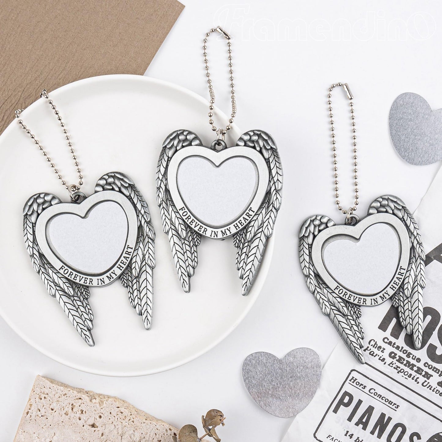 Framendino, 4 Pack Silver Angel Wing Pendant Love Heart Personalized Car Hanging Ornament with Sublimation Blank Heat Transfer Photo for Home Window